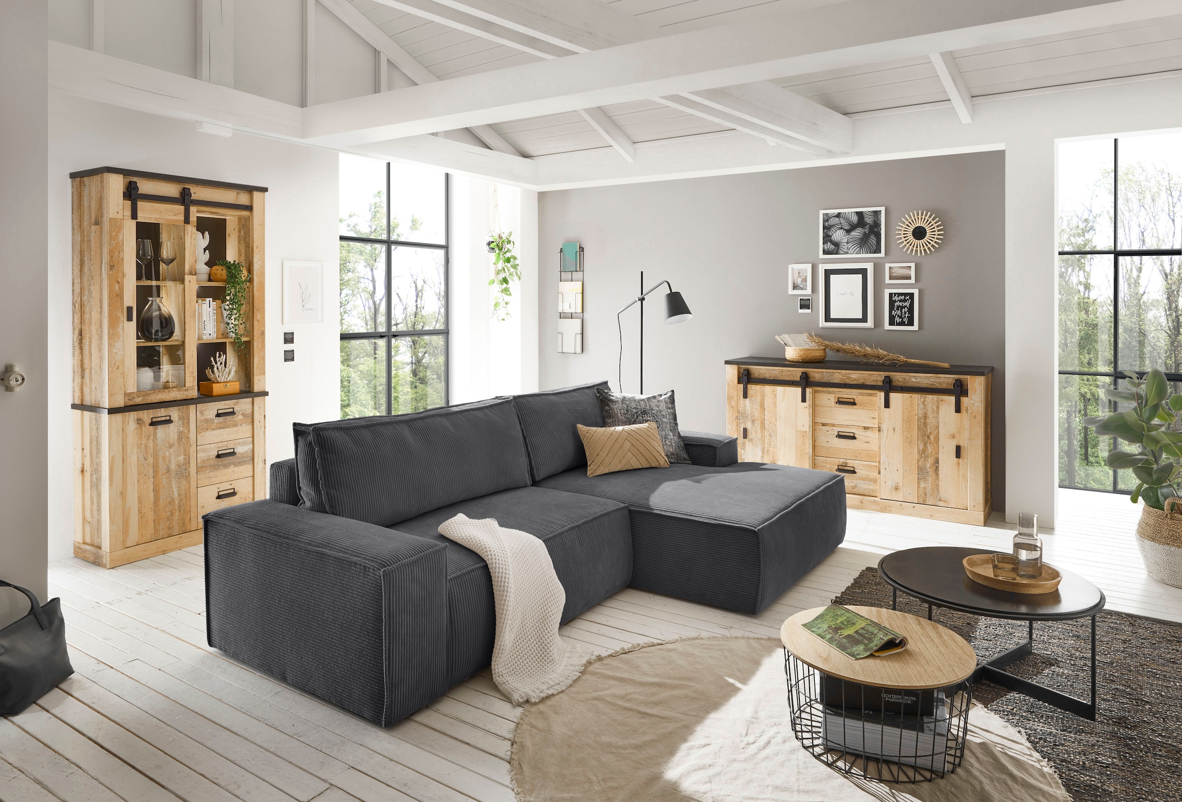 OTTO home Ecksofa »SHERWOOD L-Form, 267 cm - OTTO. Verlässliche Qualität.« Schlaffunktion mit Bettkasten (210x136 cm), Cord, Vintage, Samtvelours