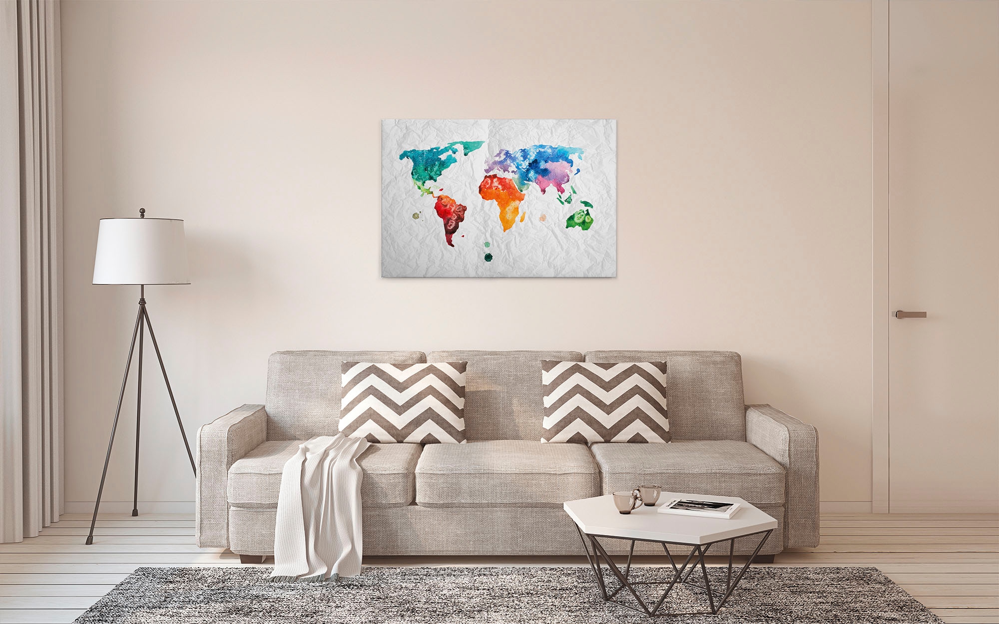 A.S. Création Leinwandbild »Colourful World«, Kunst-Weltkarte-Kinder, (1 St.), Atlas Weltkarte Bunt Aquarell Keilrahmen Leinwand-Bild Wohnzimmer Wand