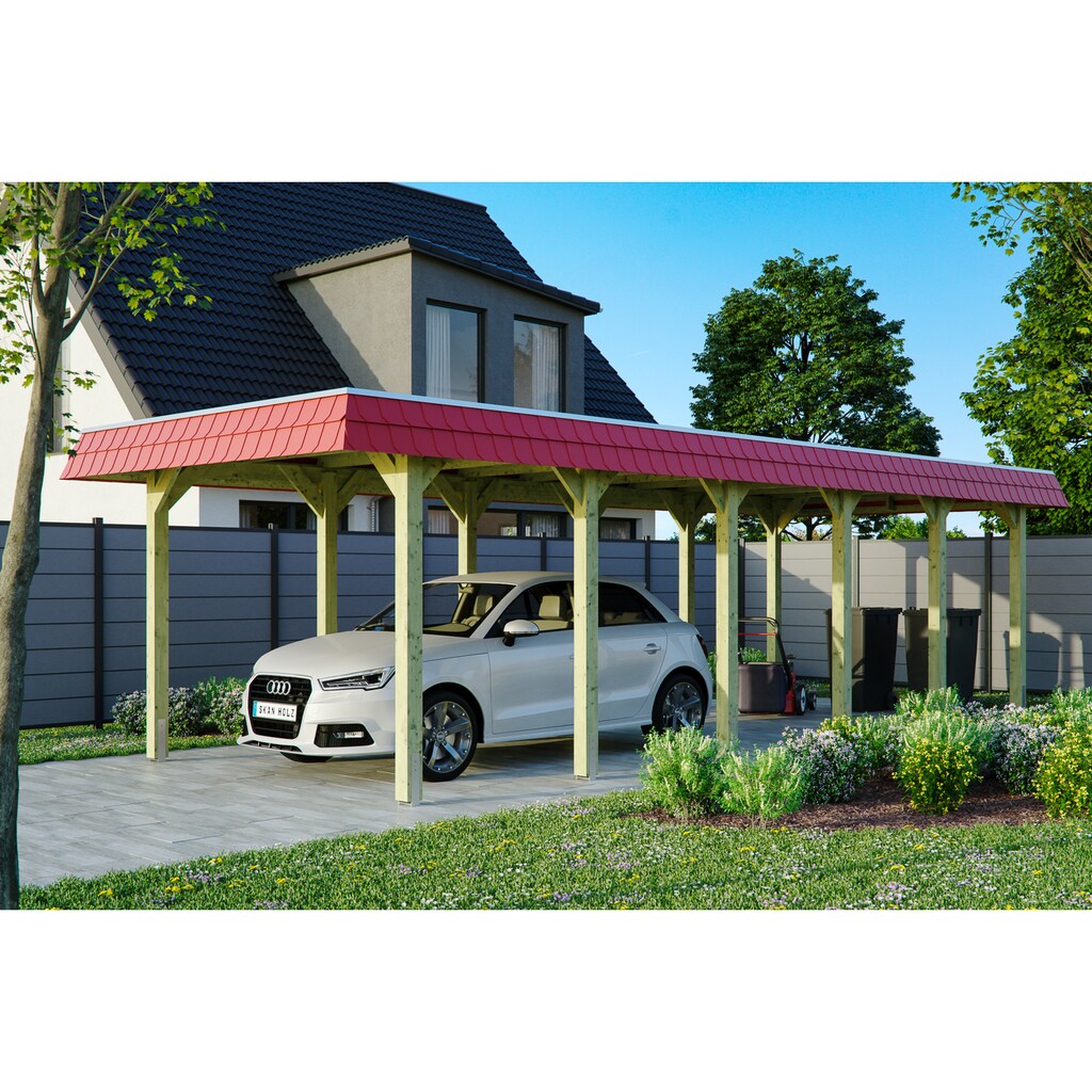 Skanholz Einzelcarport »Spreewald«, Nadelholz, 285 cm, Grün, 345x893cm mit Aluminiumdach rote Blende