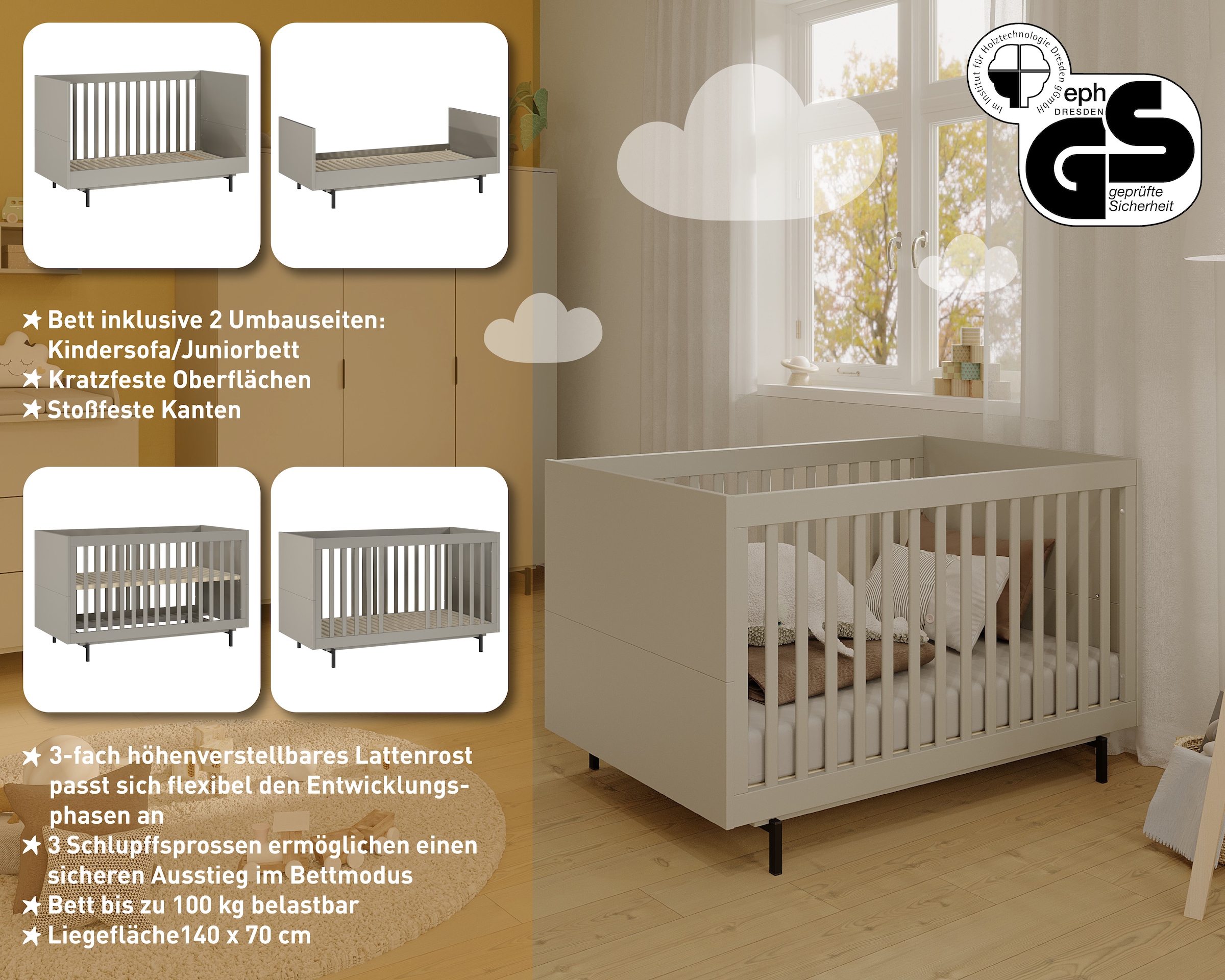 GERMANIA Babybett »Tomino«, (1 tlg.), inkl. Umbauseiten, B/H/T 144/87/75 cm, belastbar bis 100 kg