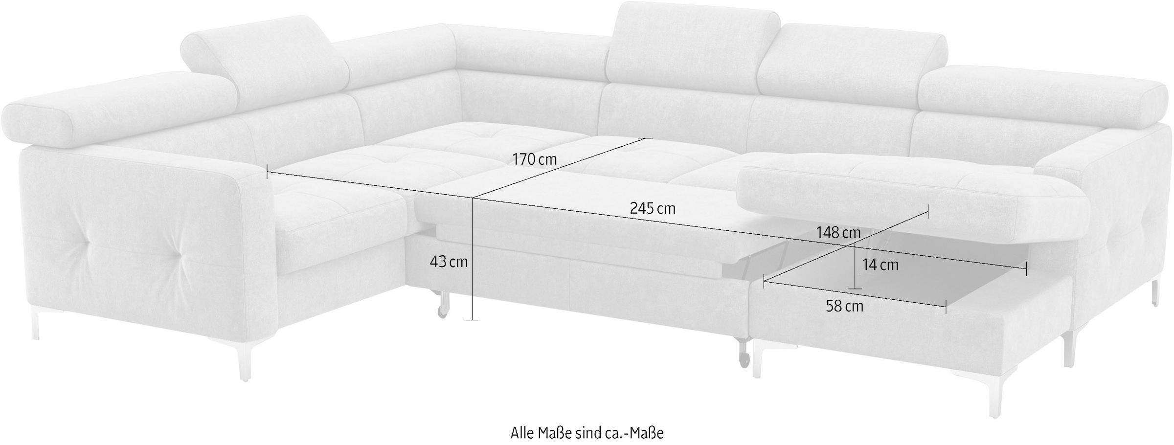 COTTA Wohnlandschaft »Sammy U-Form«, mit Kopfteilverstellung, optional mit Bettfunktion und Bettkasten