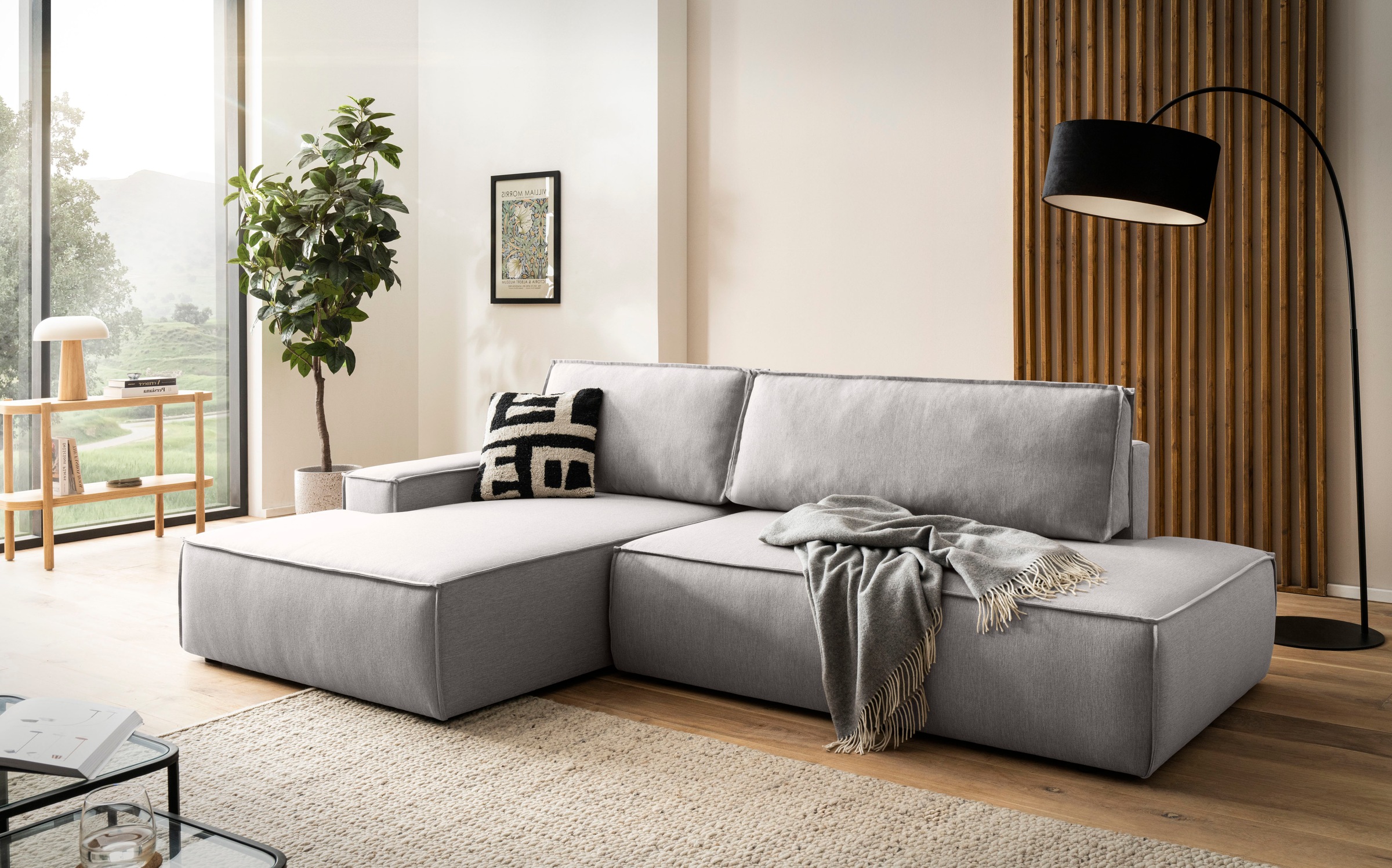 Ecksofa HOME AFFAIRE "SHERWOOD, Schlafsofa in L-Form offen (275cm), Cord, Leinenoptik", silber (silbergrau), B:275cm H:85cm T:167cm, 100% Polyester, Sofas, Ecksofa, Schlaffunktion und Bettkasten, Kedernaht, hoher Sitz- & Liegekomfort