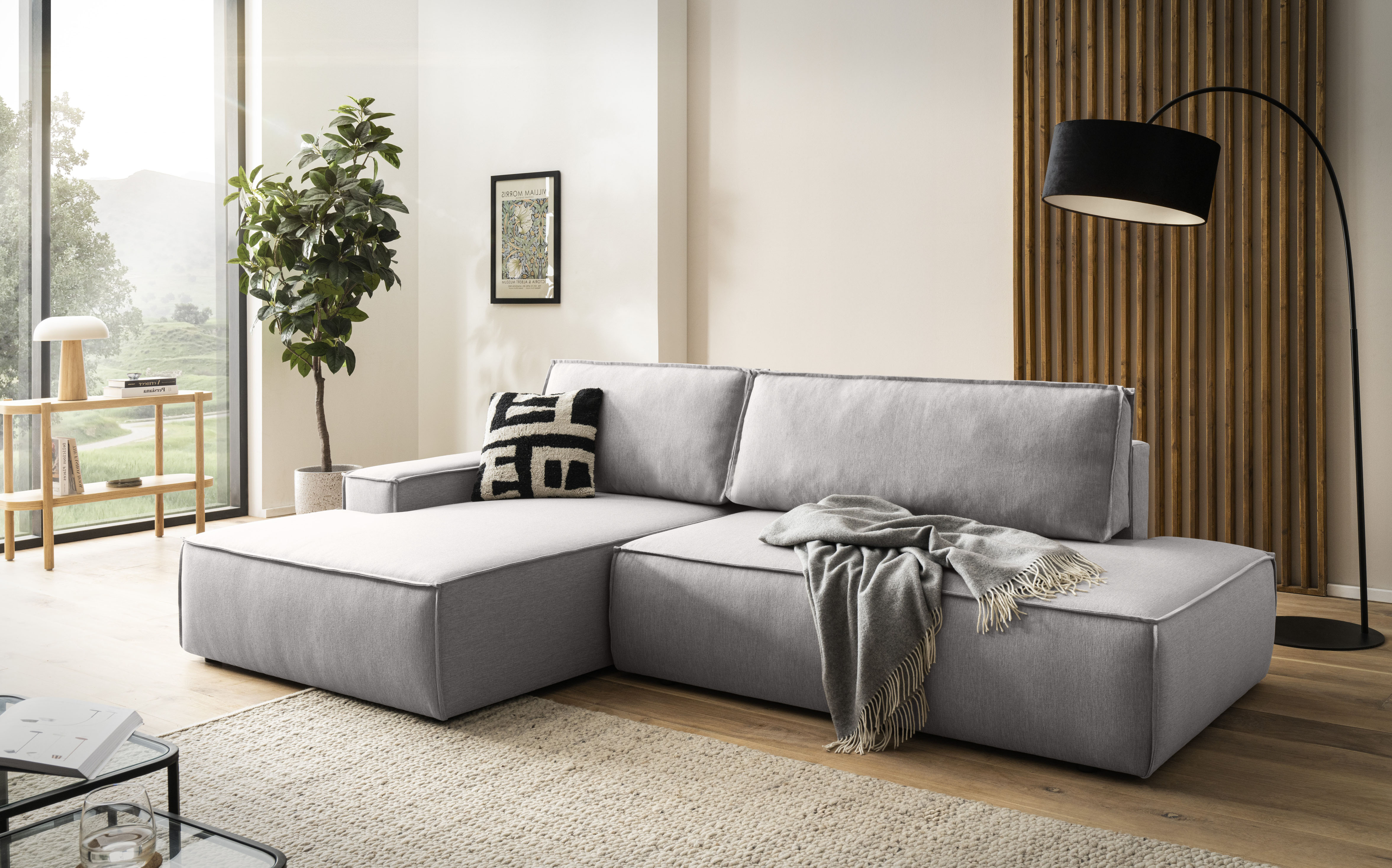 OTTO home Ecksofa "SHERWOOD Leinenoptik Schlafsofa in L-Form offen (275cm)" Schlaffunktion und Bettkasten, Kedernaht, hoher Sitz- & Liegekomfort