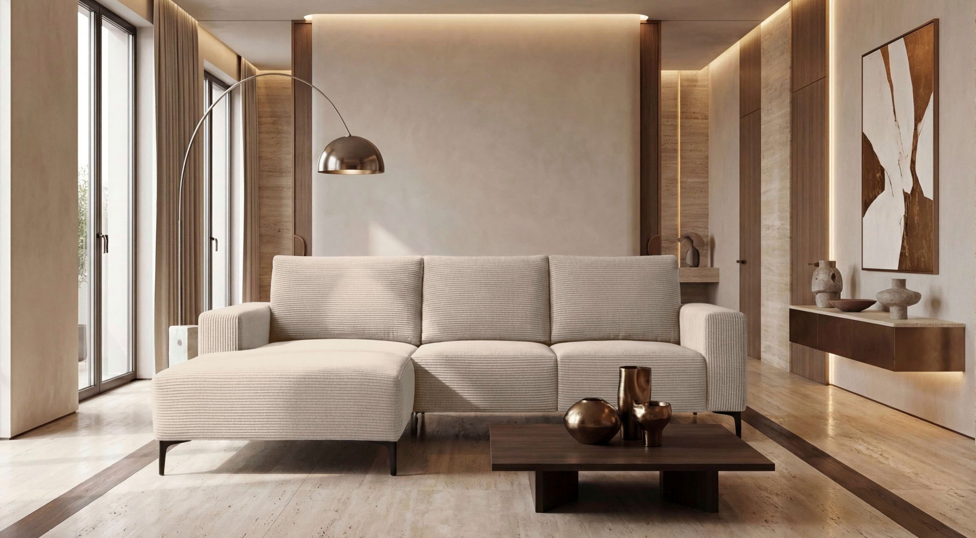 Ecksofa HOME AFFAIRE "Tournon L-Form, Breite 232 cm, Breitcord", creme, B:232cm H:85cm T:152cm, 90% Polyester, 10% Nylon, Sofas, Ecksofa, Designsofa im nordischen Stil, Wellenunterfederung, Metallfüße