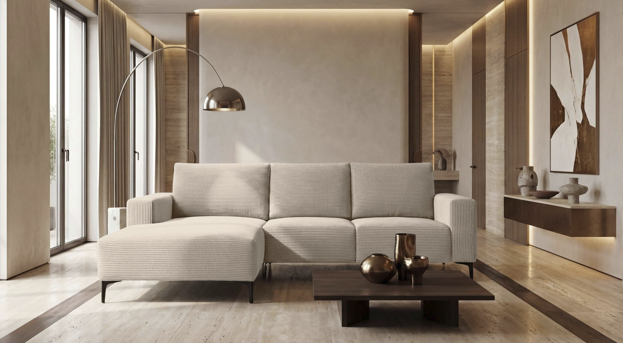 OTTO home Ecksofa "Tournon L-Form, Breite 232 cm, Breitcord" Designsofa im nordischen Stil, Wellenunterfederung, Metallfüße