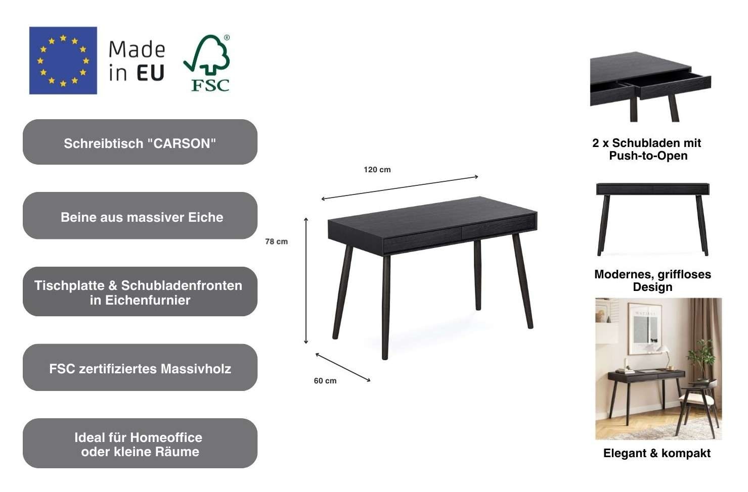Woodman Schreibtisch »Carson« 120/60/78,  Breite 120 cm, Schubladen mit Push-to Open, FSC®