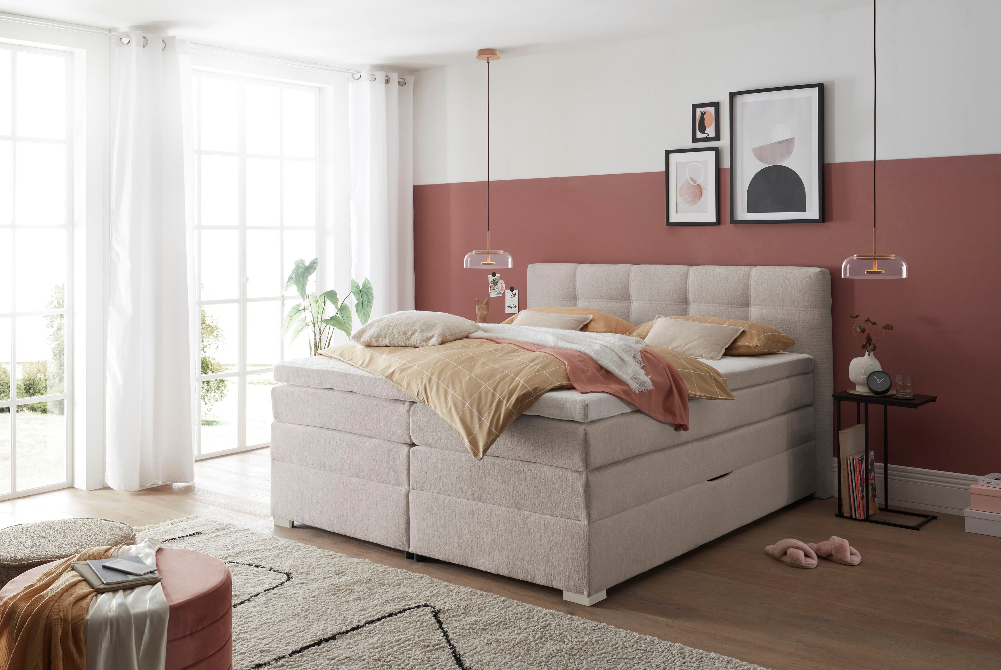 ED EXCITING DESIGN Boxspringbett "FANES, Doppelbett mit Bettkasten und Taschenfederkernmatratze H3" 5 Stk. tlg. mit 7cm Visco-Topper, hochwertiger Chenille-Bezug, 180x200cm