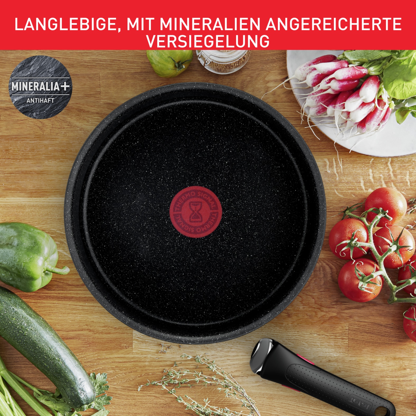 Tefal Topf-Set »L39996 Ingenio Black Stone, Topfset Induktion stapelbar, Antihaft«, Aluminium, (Set, 4 tlg., je 1 Stielkasserolle Ø 16/18/20 cm, 1 abnehmbarer Griff), Thermo-Signal bei idealer Brattemperatur, für alle Herdarten geeignet