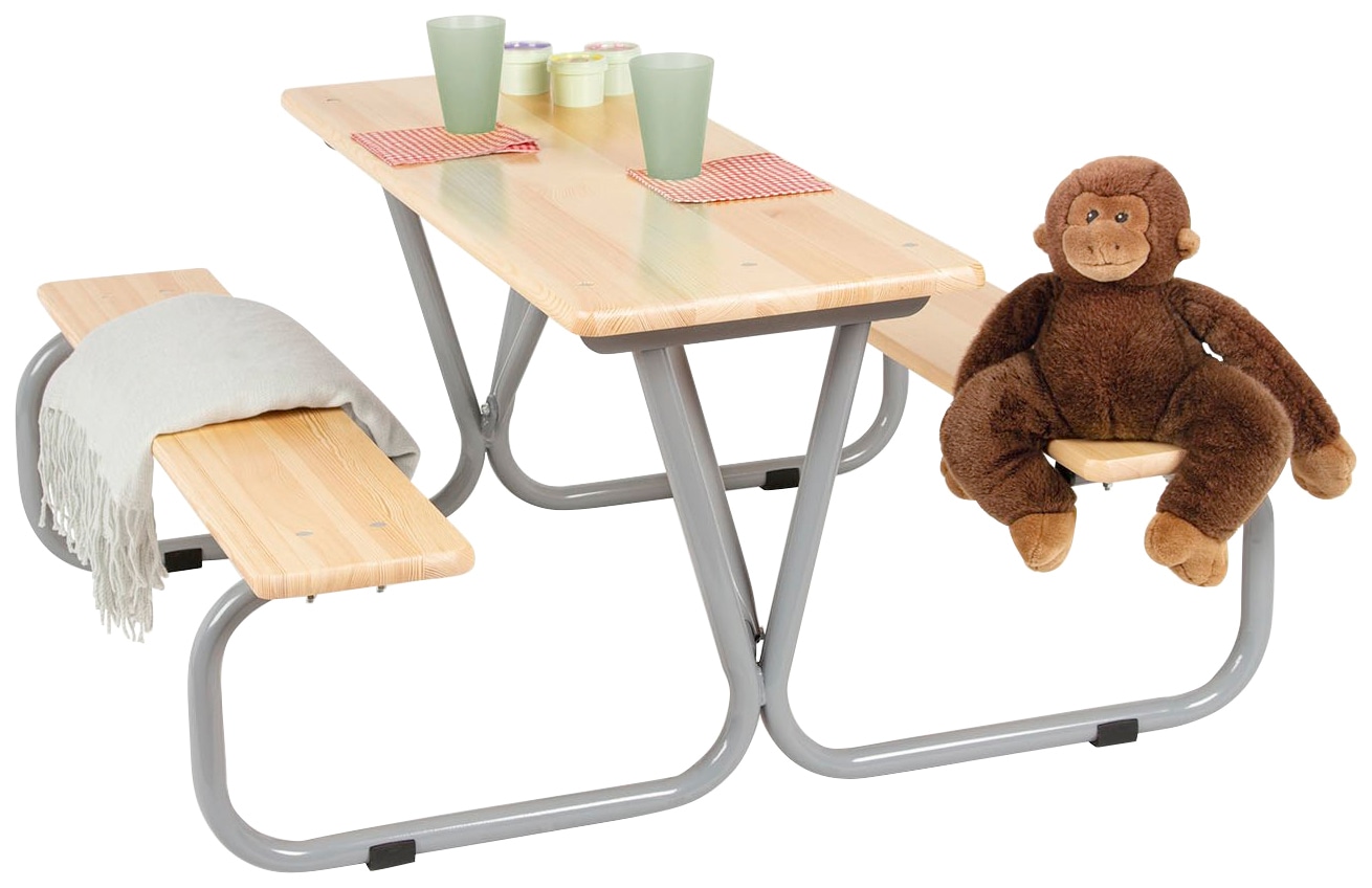 Garten-Kindersitzgruppe PINOLINO, beige (natur, grau), Sitzmöbel-Sets, Kinder, B/H/T: 110cm x 53cm x 110cm, Tisch mit 2 Sitzbänken, B:110cm H:53cm T:110cm, Topseller