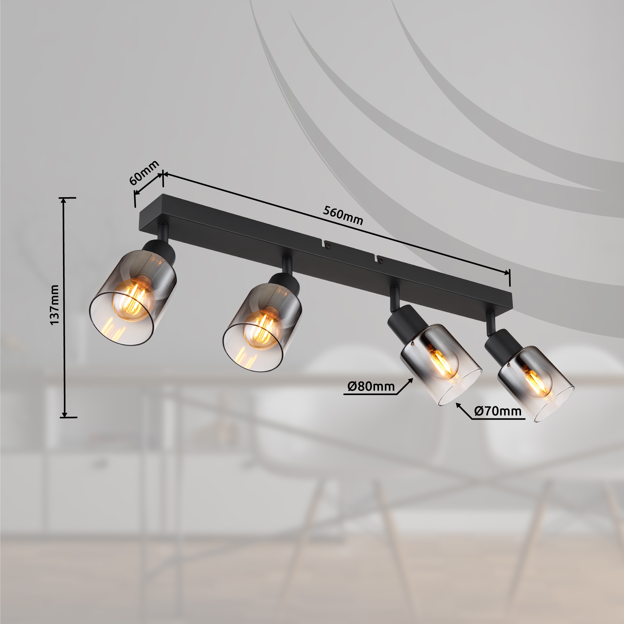 GLOBO LIGHTING Deckenstrahler »HUBERTUS«, Leuchtmittel E14 | ohne Leuchtmittel, Deckenspot/schwarz/Glas rauchfarben/Flur/Wohnzimmer