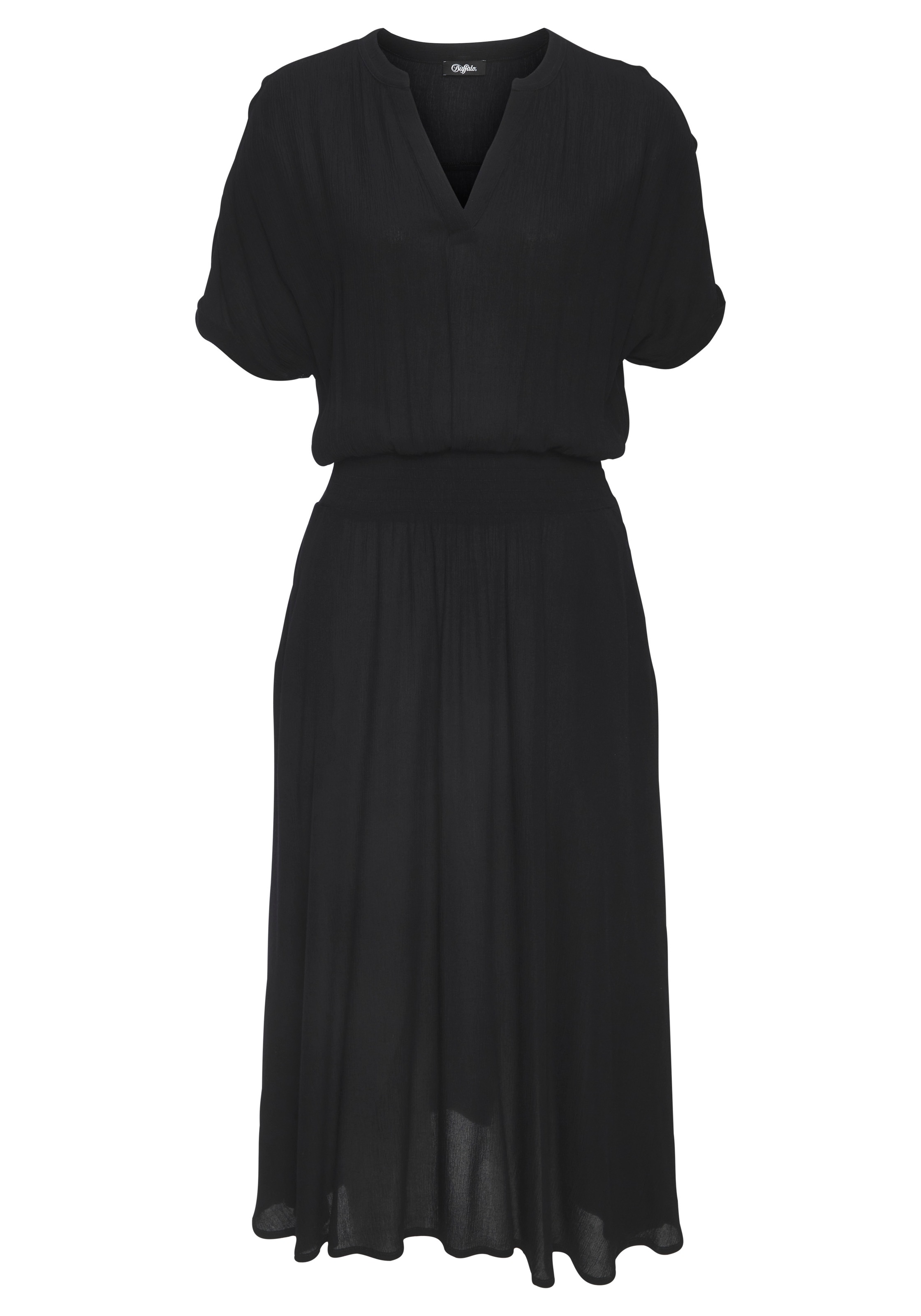 Buffalo Midikleid "mit Smokbund in der Taille aus gekreppter Webware" Seitennahttaschen luftiges Sommerkleid, leichtes Strandkleid, Hemdblusenkleid, casual