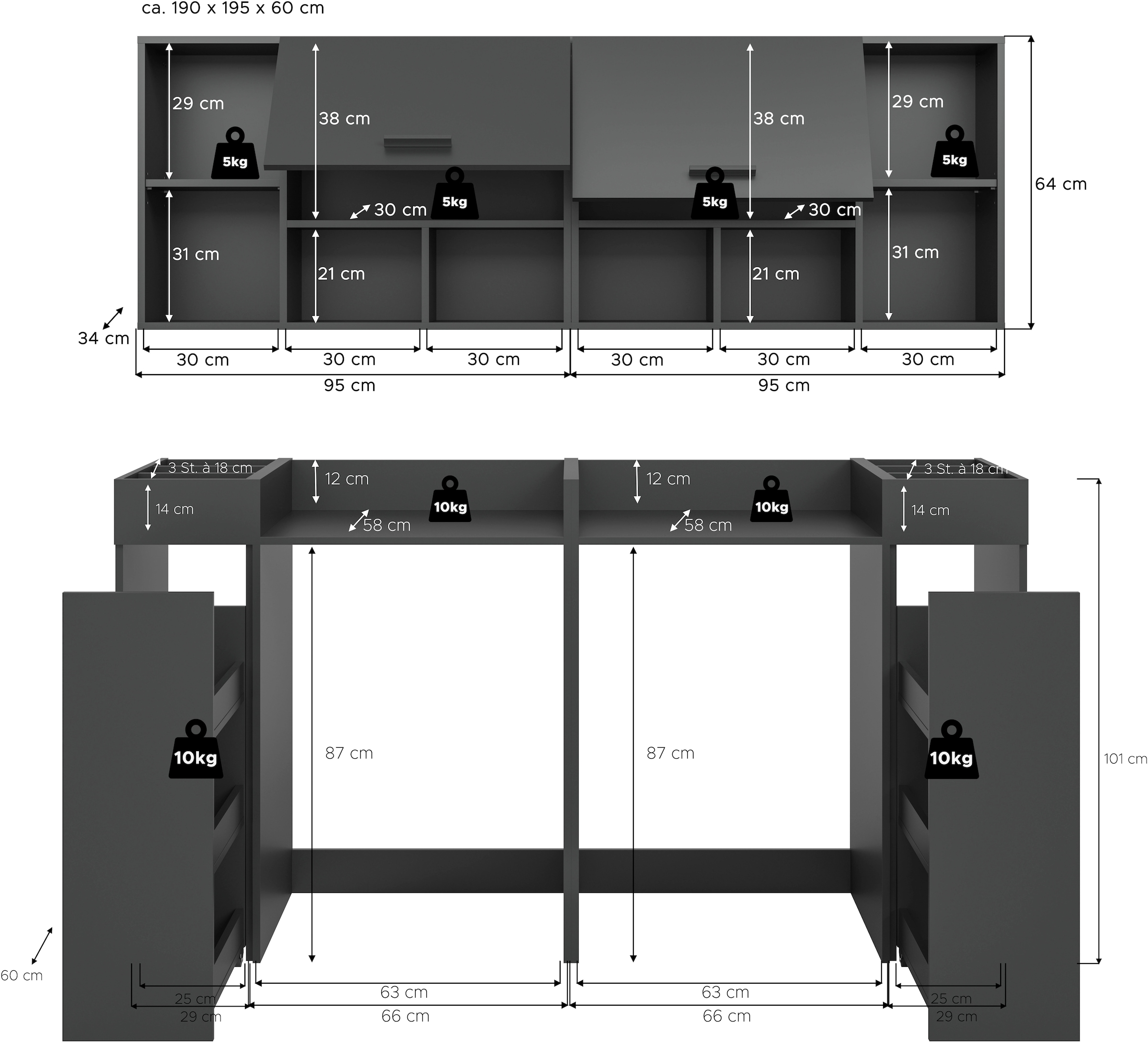 welltime Badmöbel-Set »FALAS, TOPSELLER!, 6-teilig, Hauswirtschaftsraum Set, Breite 190 cm«, (Set, 6 St., 2x Waschmaschinenumbauschrank, 2x Standregal & 2x Hängeschrank), Kombination, Waschmaschinenumbau, Waschmaschinenschrank, Wäschekammer