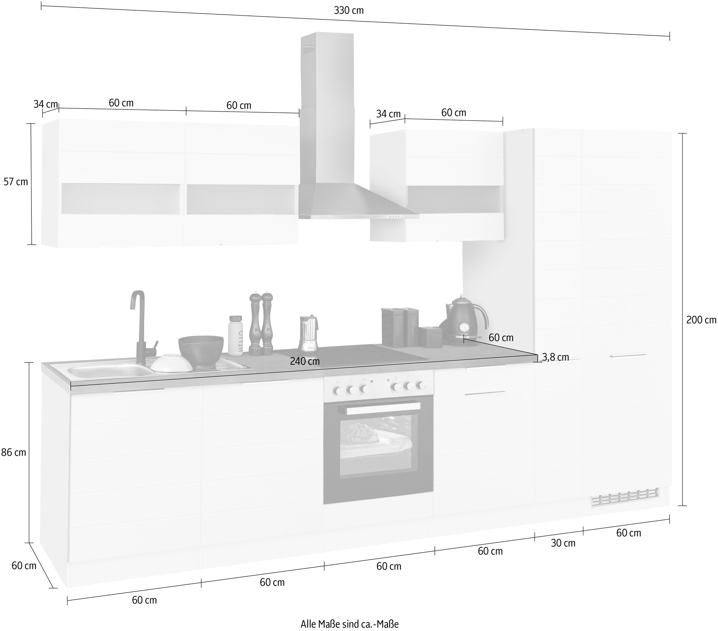 KOCHSTATION Küchenzeile »KS-Luhe« 330 cm breit, wahlweise mit oder ohne E-Geräten, gefräste MDF-Fronten