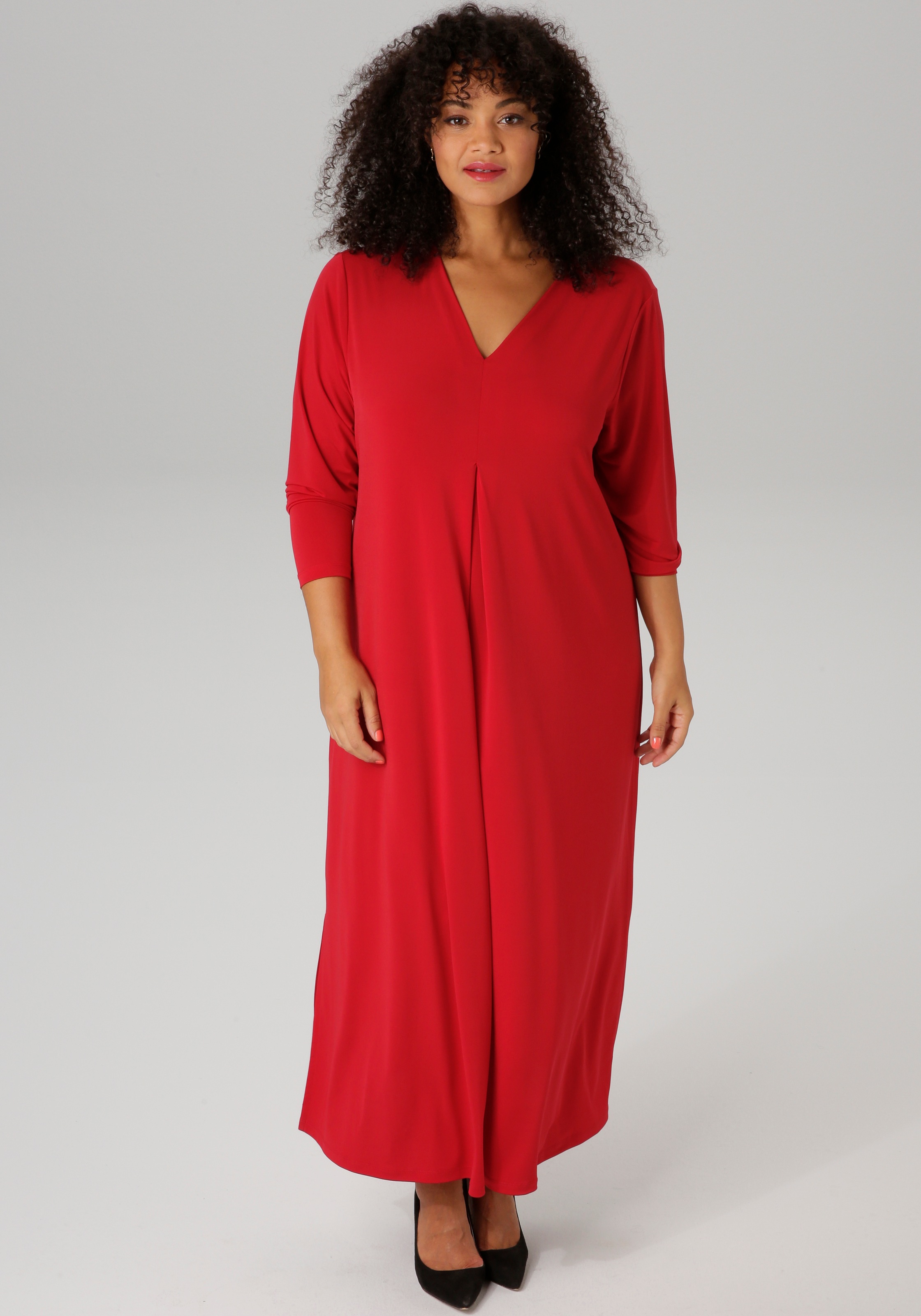 Maxikleid ANISTON PLUS, Damen, Gr. 52, N-Gr, rot, Single Jersey, Obermaterial: 95% Polyester, 5% Elasthan, leicht glänzend, unifarben, figurumspielend knöchelfrei, V-Ausschnitt, Kleider Maxikleid, mit raffinieren Seitenschlitzen 3