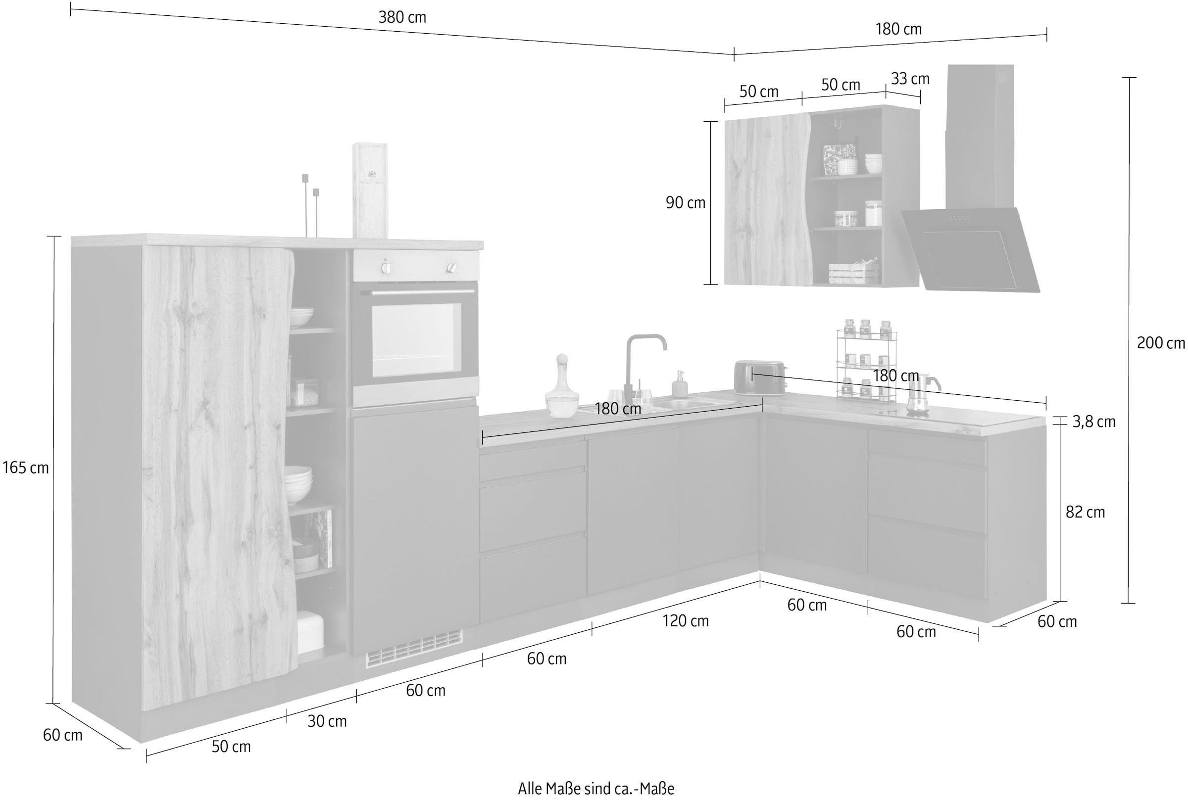 HELD MÖBEL Küche »Bruneck«, Stellbreite 380/180 cm breit, ohne E-Geräten, MDF  Fronten | BAUR