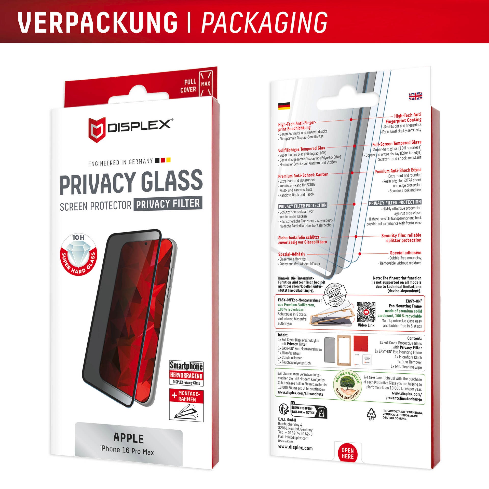 Displex Displayschutzglas »Privacy Glass Full Cover«, für Apple iPhone 16 Pro Max, (1 St.), Displayschutzfolie, Schutzfolie, Bildschirmschutz, kratz- & stoßfest