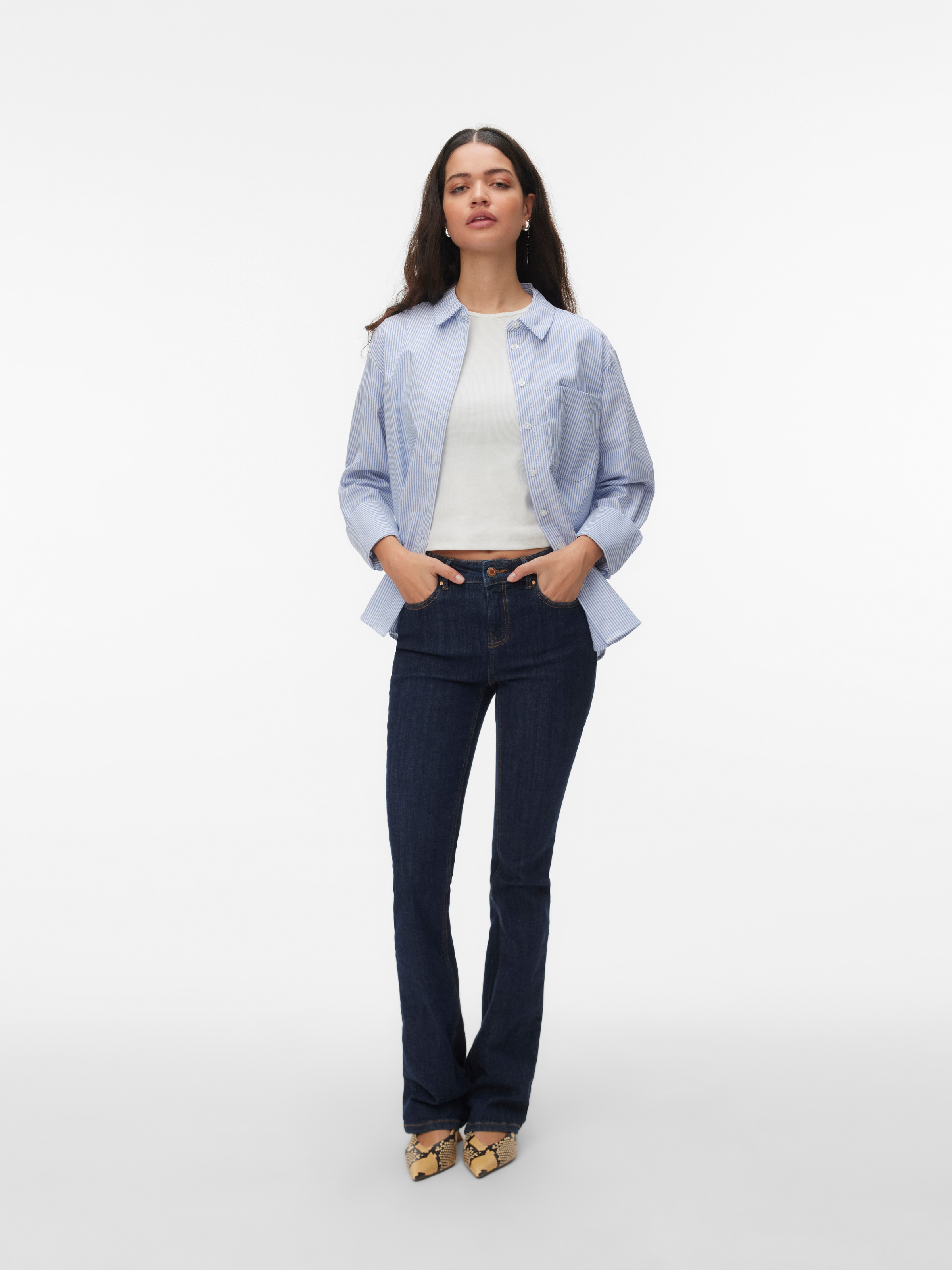 Hemdbluse VERO MODA "VMINGE L/S SHIRT WVN BTQ", Damen, Gr. XS, palace blau stripes:snow weiß, Web, Obermaterial: 59% Baumwolle, 41% Polyester, gestreift, regular fit normal, Blusen Hemdbluse, mit Brusttasche 3