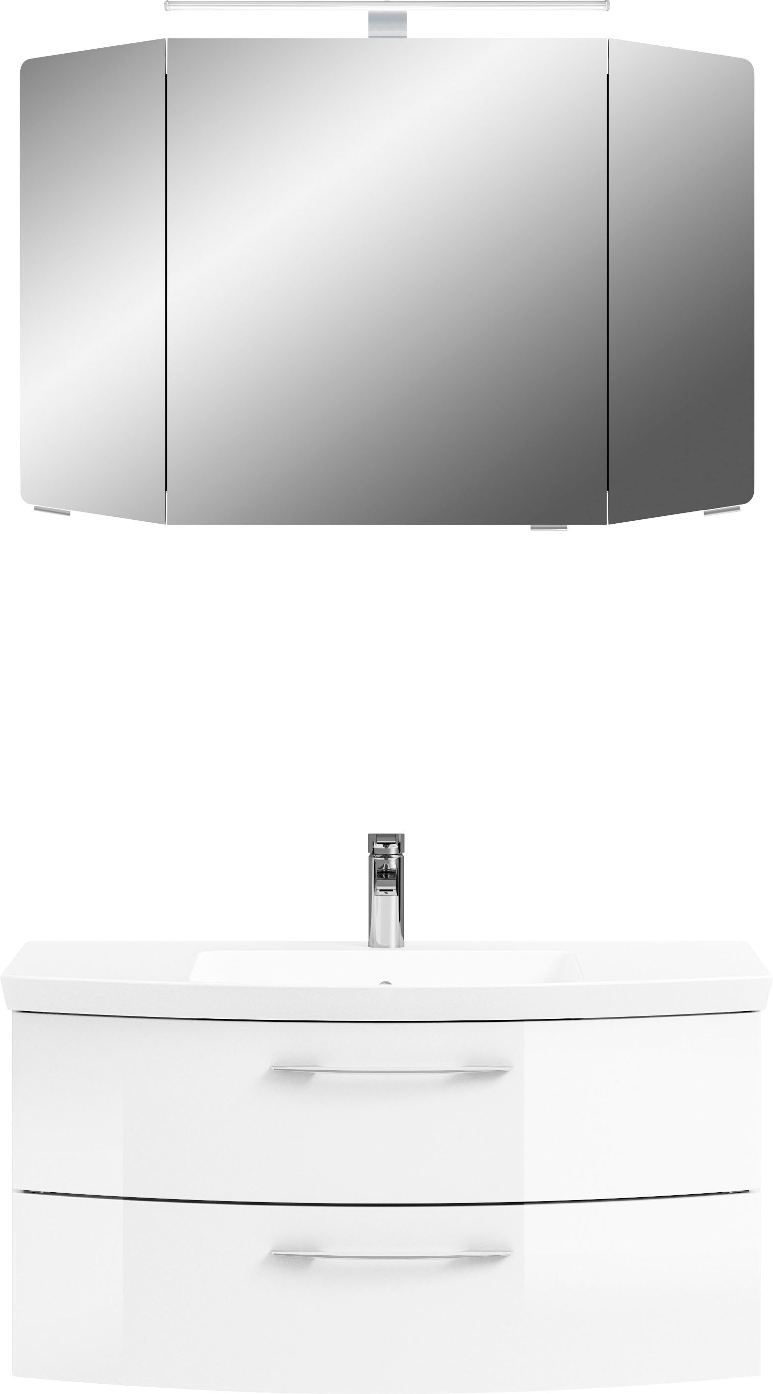 Saphir Badmöbel-Set »Cassca Sprint 2-teilig Mineralmarmor-Waschtisch mit LED-Spiegelschrank«, (2 St.), Waschplatz mit 2 Schubladen, inkl. Dämpfer, 101 cm breit