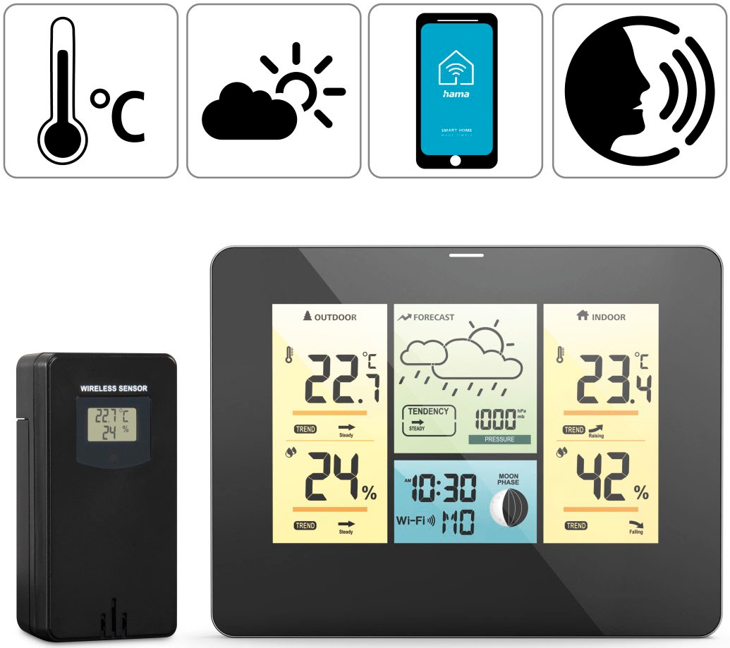 Hama Wetterstation »WLAN mit Außensensor, Thermometer/Hygrometer Barometer, App«, WLAN, Außensensor, Thermometer/Hygrometer Barometer, App, Farbdisplay