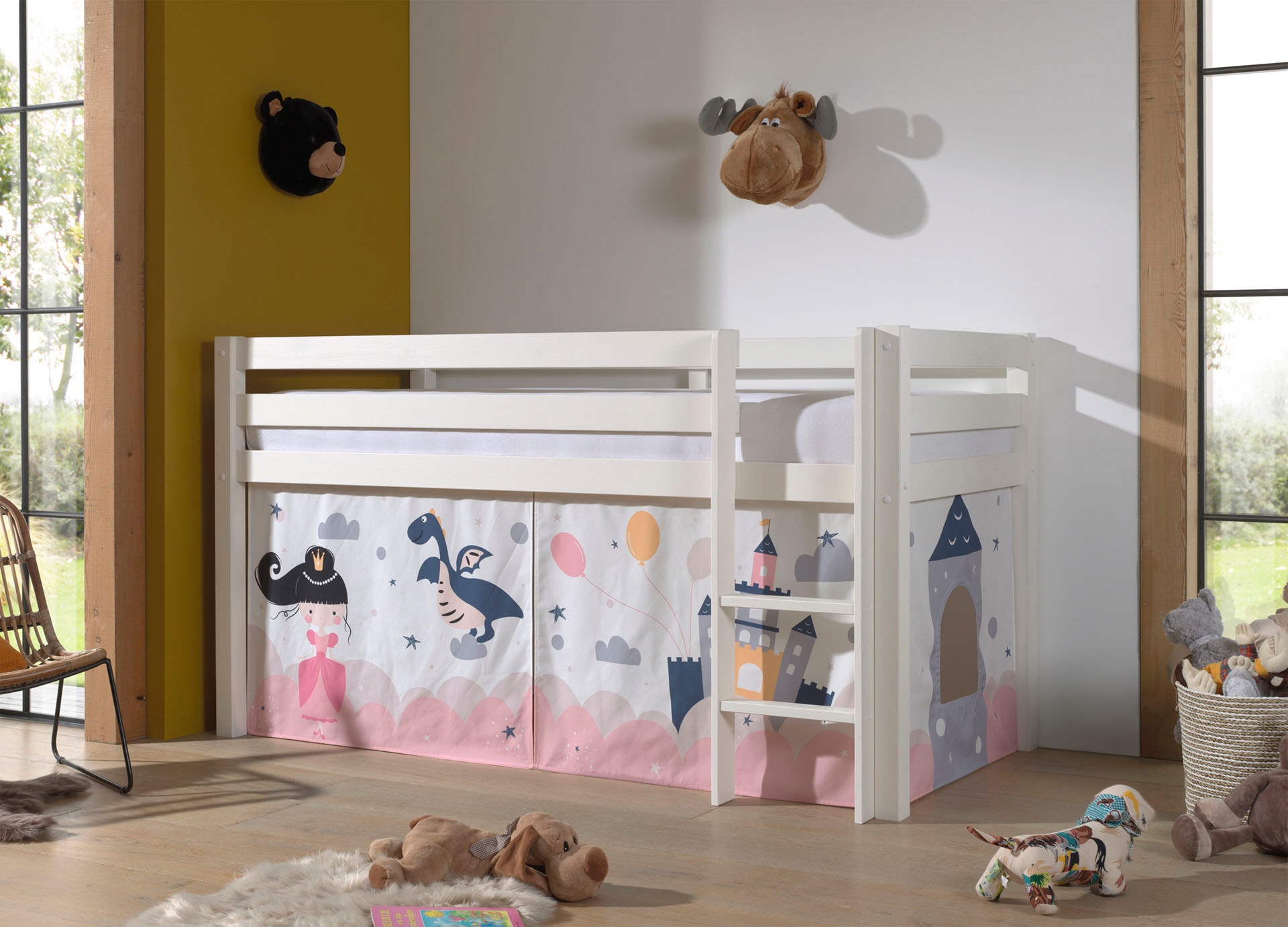 Vipack Spielbett »Vipack Pino«, (Made in Europe), mit Textil-Set, inkl. Rolllattenrost, in Natur, Weiß oder Grau