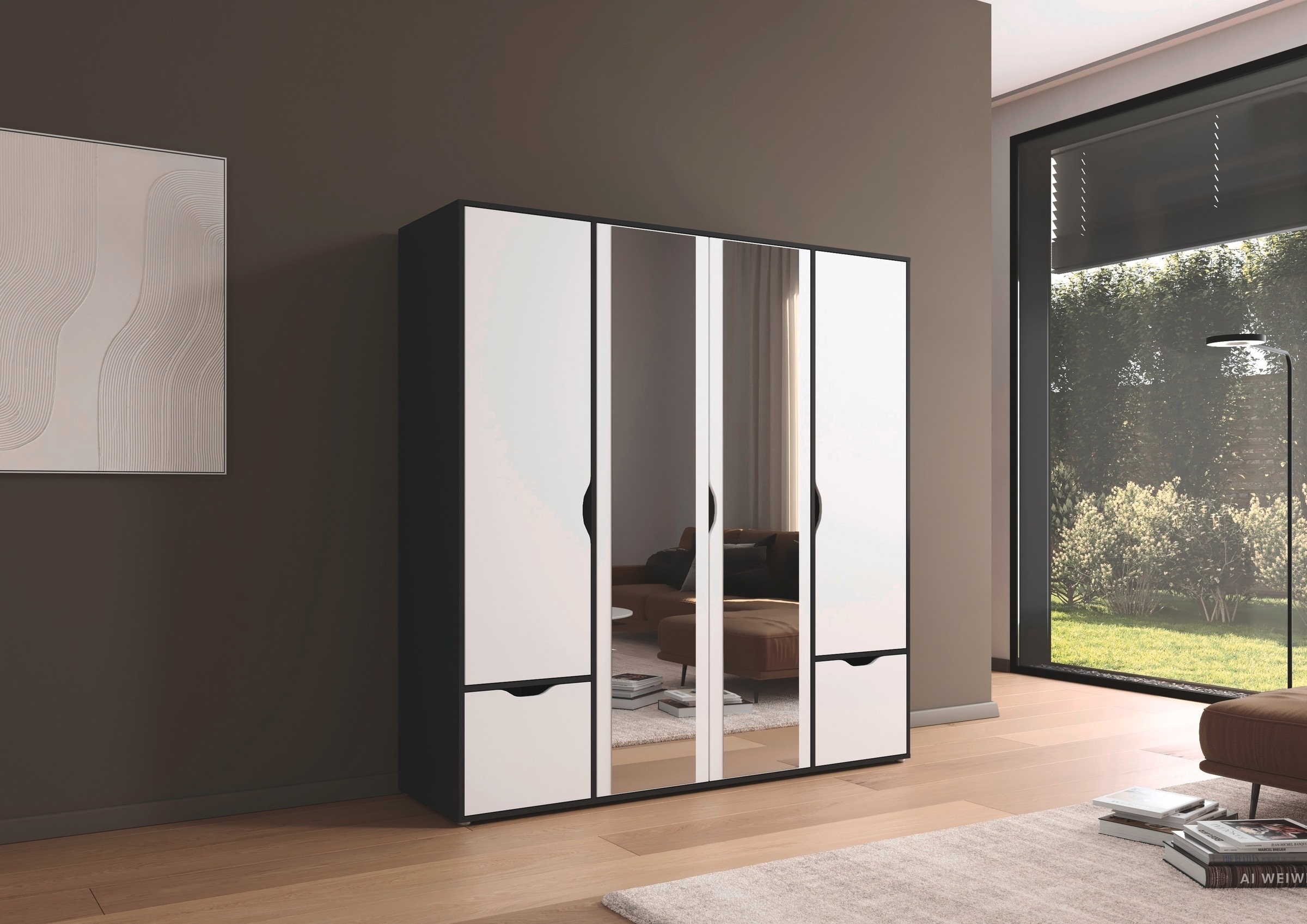 rauch Drehtürenschrank »Kleiderschrank Schrank Garderobe Wäscheschrank NARAI mit Schubladen«, (in 3 verschiedenen Ausstattungen BASIC/CLASSIC/PREMIUM), Griffausfräsungen für eine grifflose Optik TOPSELLER MADE IN GERMANY