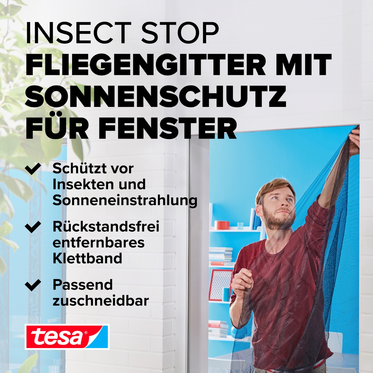 tesa Insektenschutz-Fensterrahmen »Insect Stop Comfort SUN Protect Fliegengitter für Fenster - 1.3m:1.5m«, Insektenschutzgitter mit Sonnenschutz - ohne Bohren - schwarz