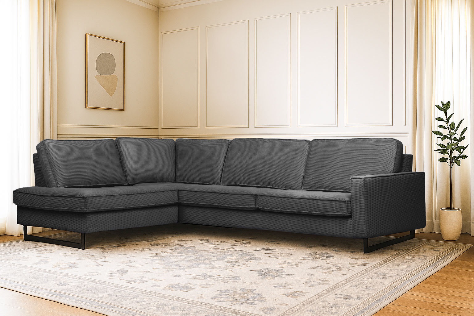 OTTO home Ecksofa "Pinto, 290 cm, Cord, Chenille, Lederoptik, Ottomane links / rechts" mit Keder, schwarze Metallfüße, Wellenunterfederung