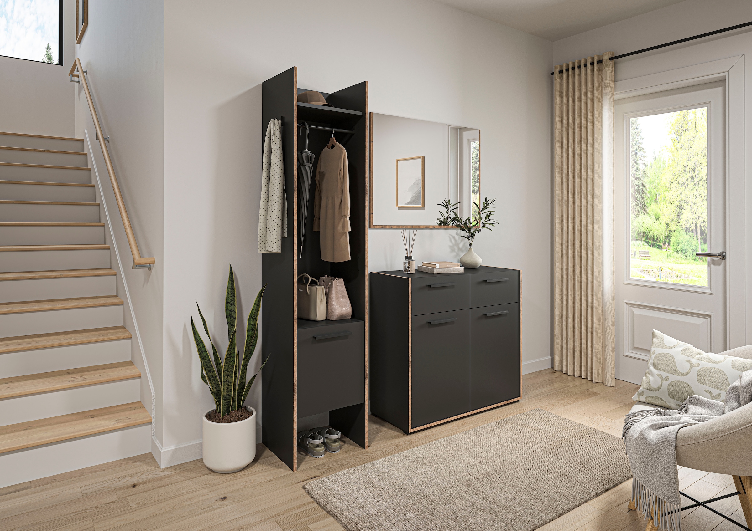 INOSIGN Garderoben-Set »MUSTA, 3-teilig: Garderobenschrank, Kommode & Garderobenspiegel«, Kombination, Kompaktgarderobe, Garderobenkombination, Garderobe