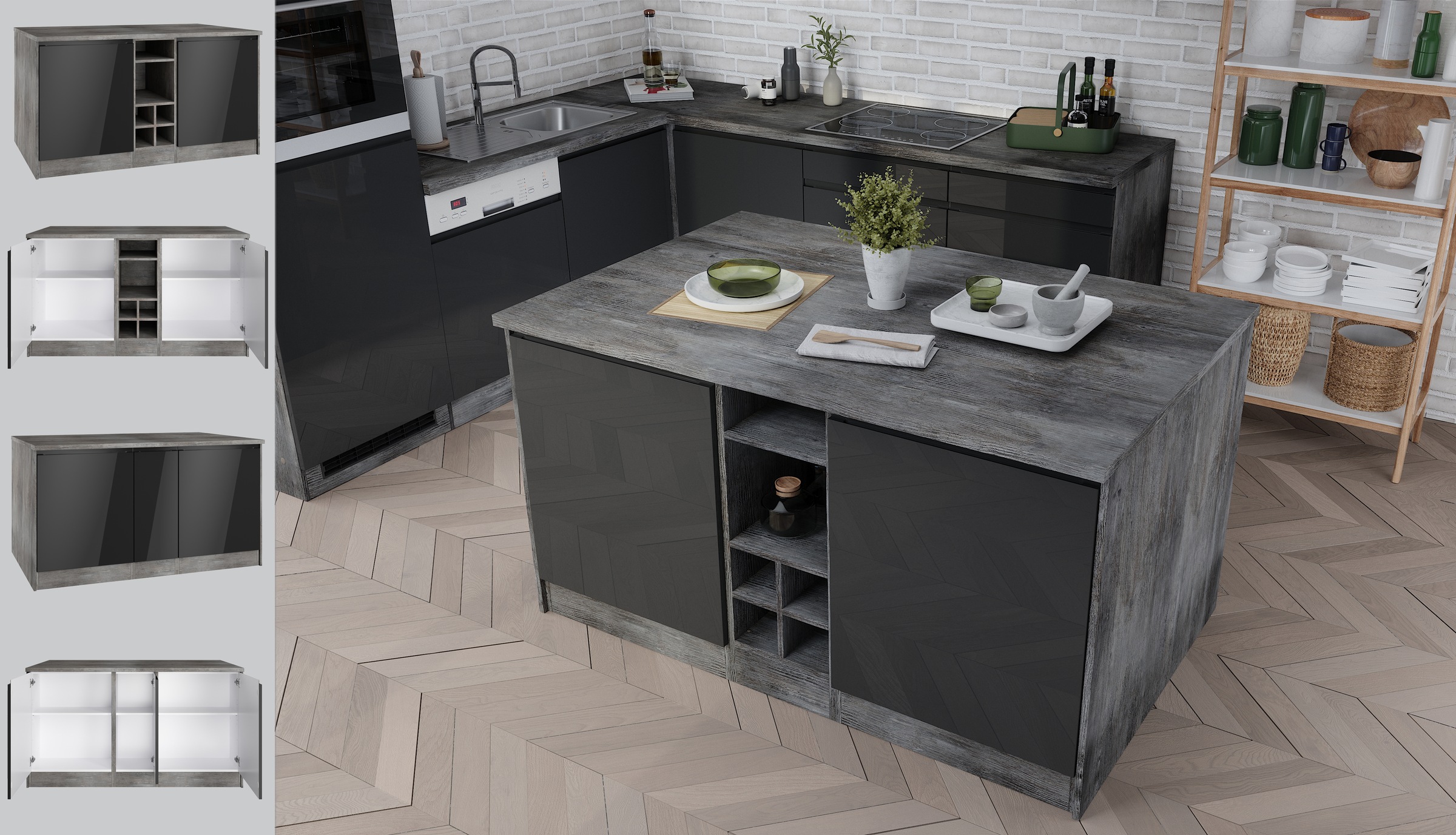 KOCHSTATION Kücheninsel »KS-Virginia«, Breite 153 cm, MDF-Fronten, Flaschenregal