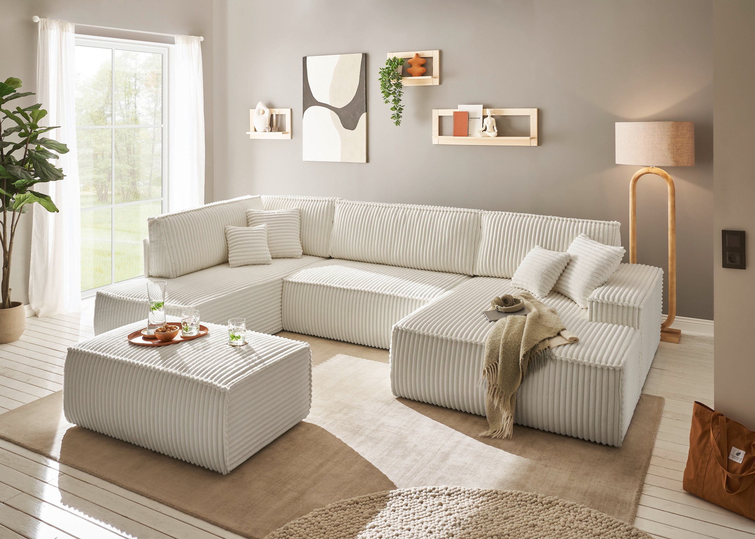 andas Wohnlandschaft »FINNLEY U-Form XXL 329 cm, Schlafsofa, Schlaffunktion m. Bettkasten«, (194/139 cm), Bouclé, Struktur und Cord