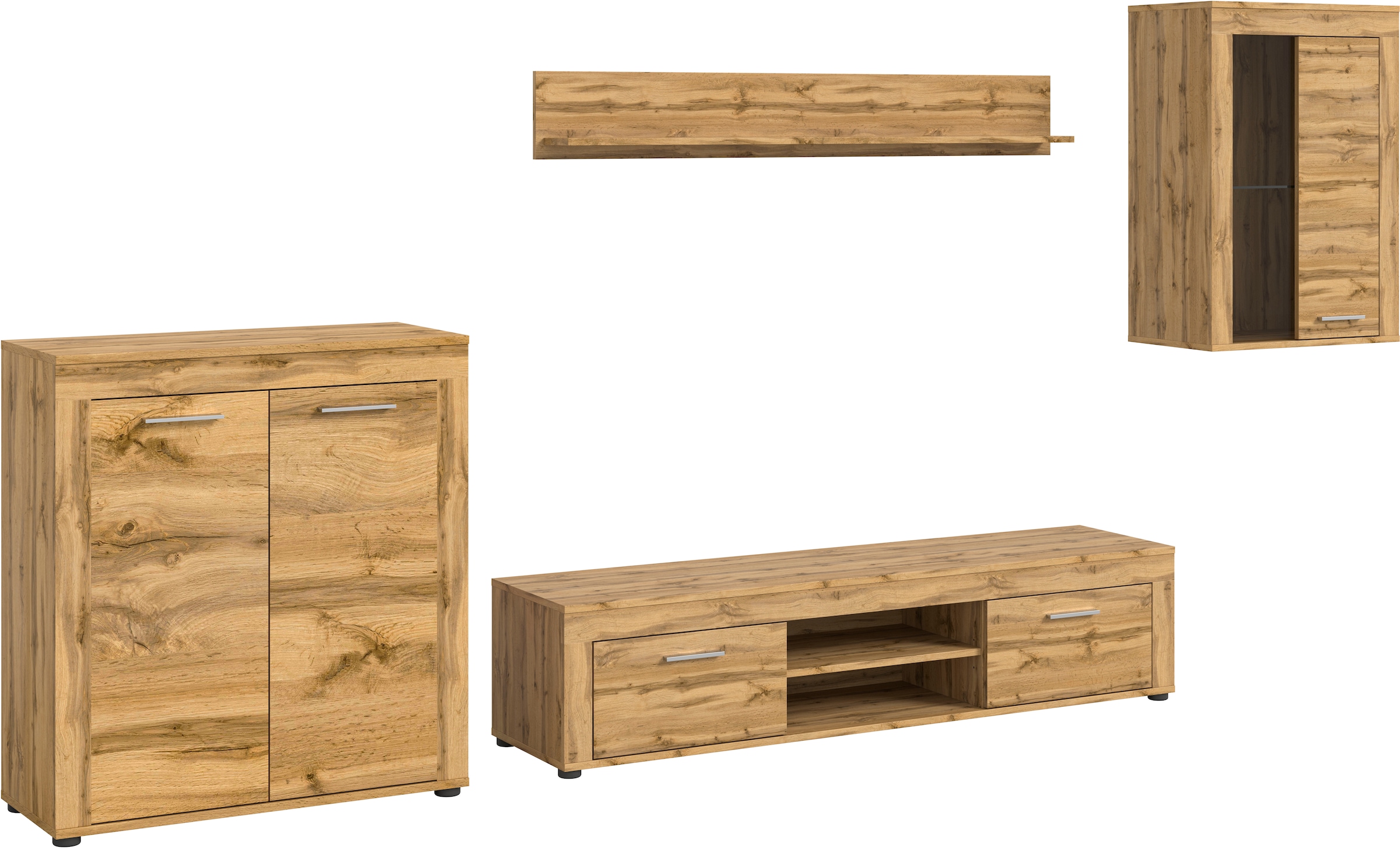 INOSIGN Wohnwand »Aosta, 4-tlg., best. aus: Highboard, Lowboard, Wandboard & Vitrine«, (4 St.), Wohnwand, Kombination, Anbauwand, Möbel Set, Schrankwand, Möbel Kombi