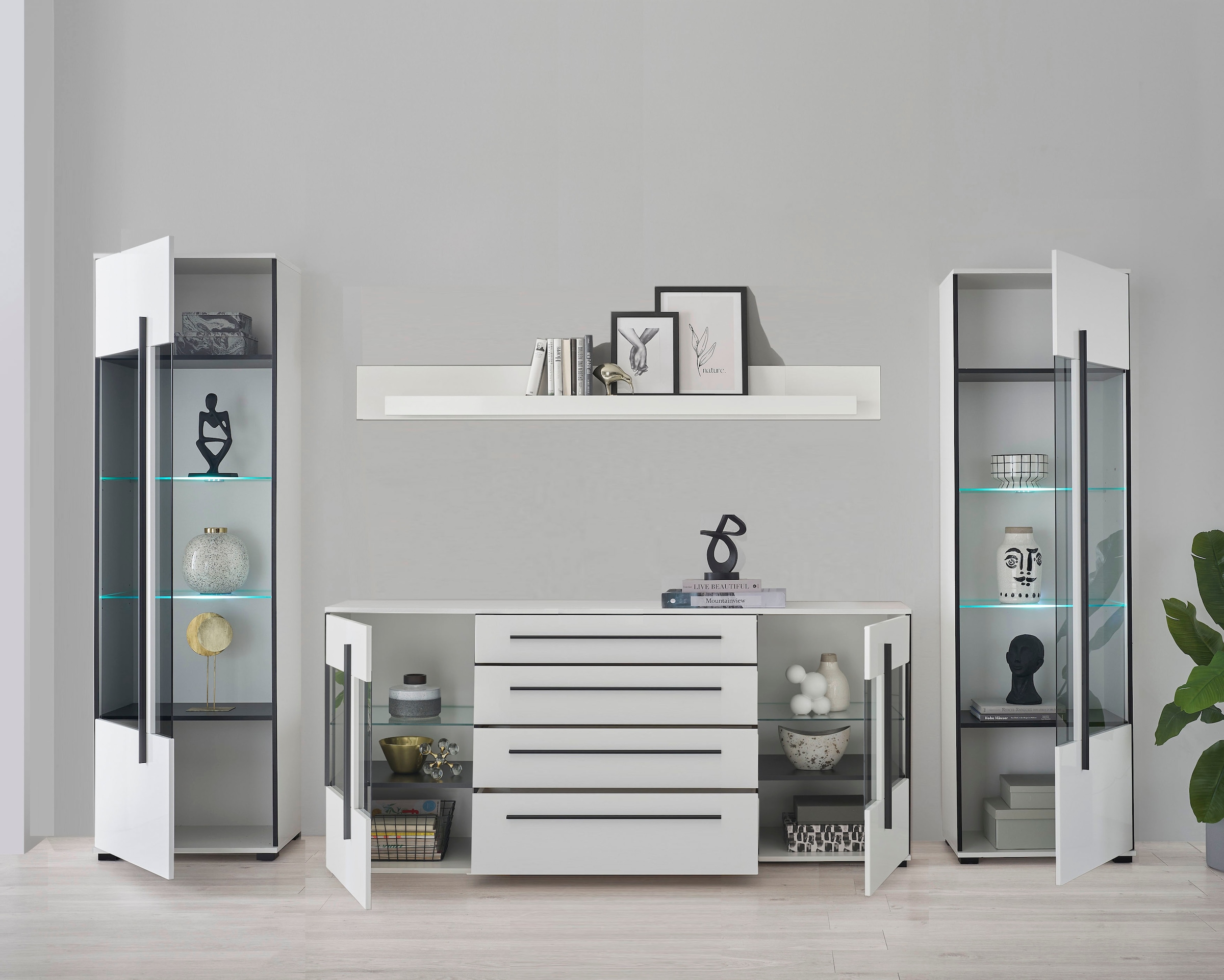 INOSIGN Wohnwand »Cantara, moderne Anbauwand, Wohnzimmer-Set, in Eiche Evoke oder Weiß«, (Set), enthält zwei Vitrinen, ein Sideboard und ein Wandboard