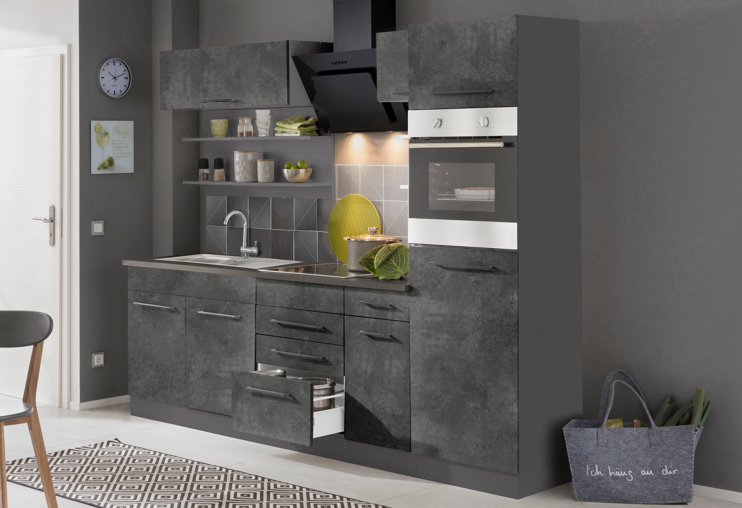 KOCHSTATION Küchenzeile »KS-Tulsa«, mit E-Geräten, Breite 330 cm, schwarze Metallgriffe, MDF Fronten