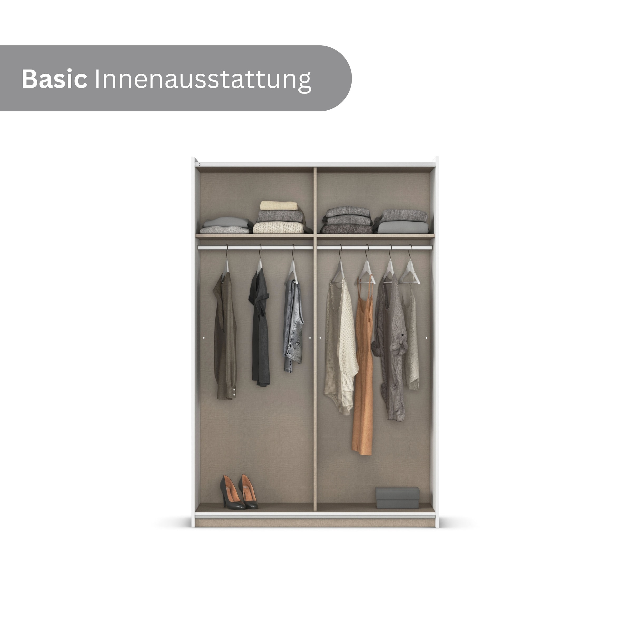 rauch Schwebetürenschrank »Kleiderschrank Schrank Garderobe Schlafzimmerschrank OXFORD«, (in 3 verschiedenen Ausstattungen BASIC/CLASSIC/PREMIUM), mit Griffleisten aus Metall, auch für kleinere Räume MADE IN GERMANY