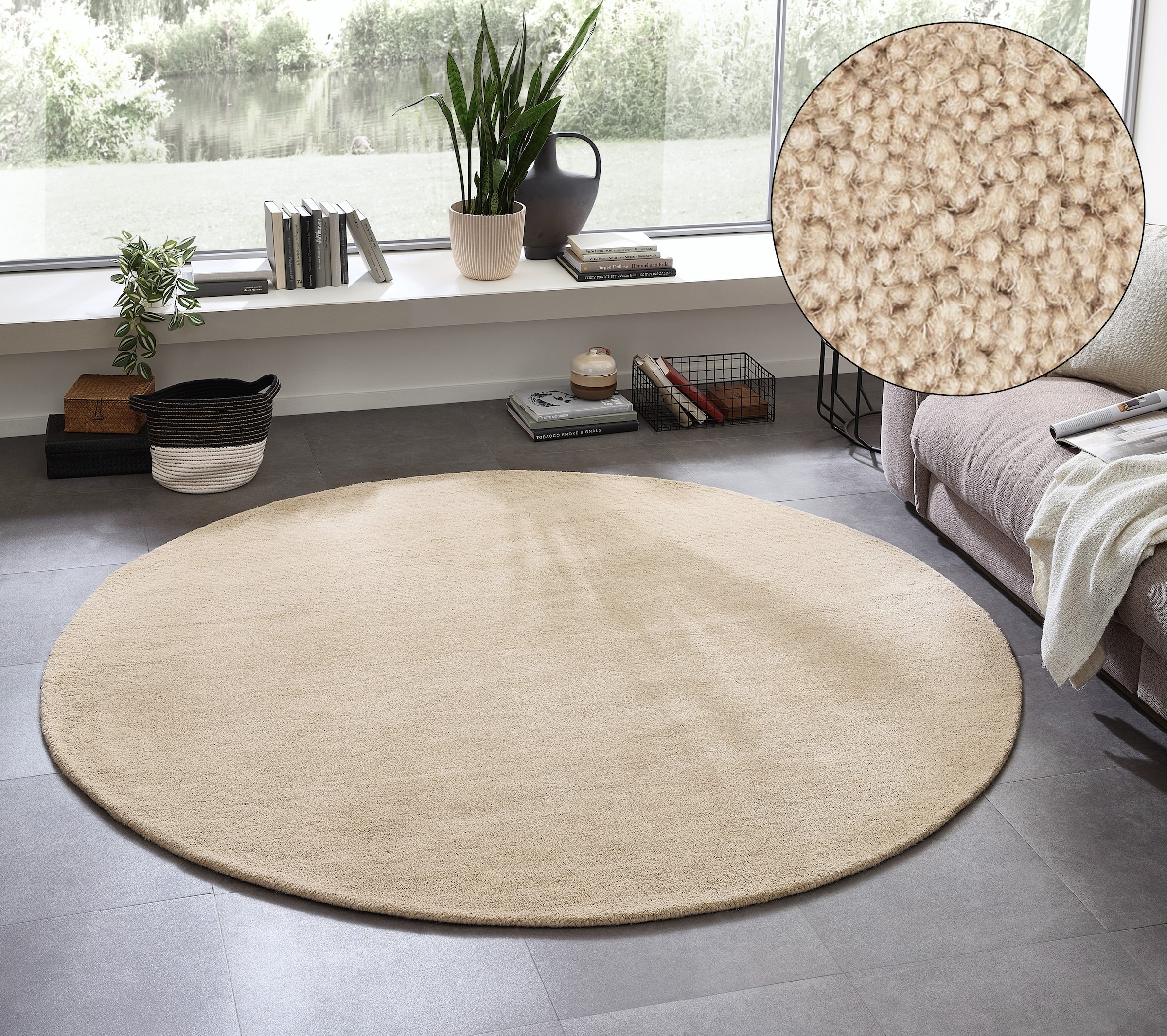 OTTO home Wollteppich "Gabbo Natur, Handgefertigt, Teppich, reine Wolle, meliert" rund 14 mm Höhe reine Wolle, Uni, Wohnzimmer, Schlafzimmer, Esszimmer