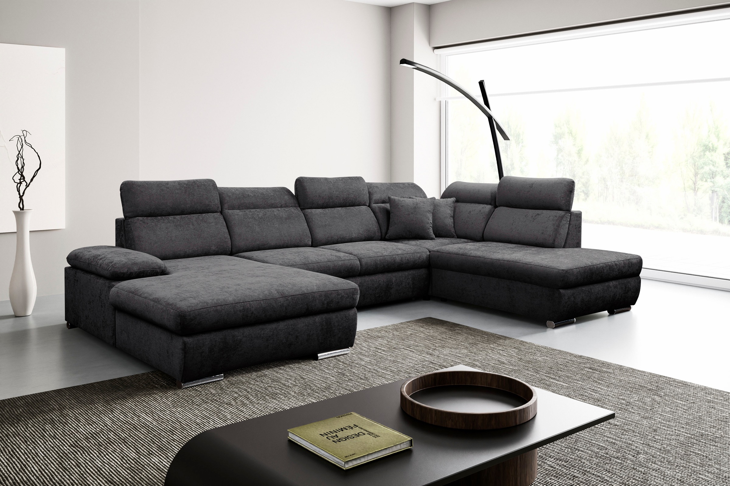 WERK2 Wohnlandschaft "Cordoba 359 x 232 cm inkl. Bett modern und bequem" Struktur, U-Form, XXL, Schlaffunktion, Bettkasten