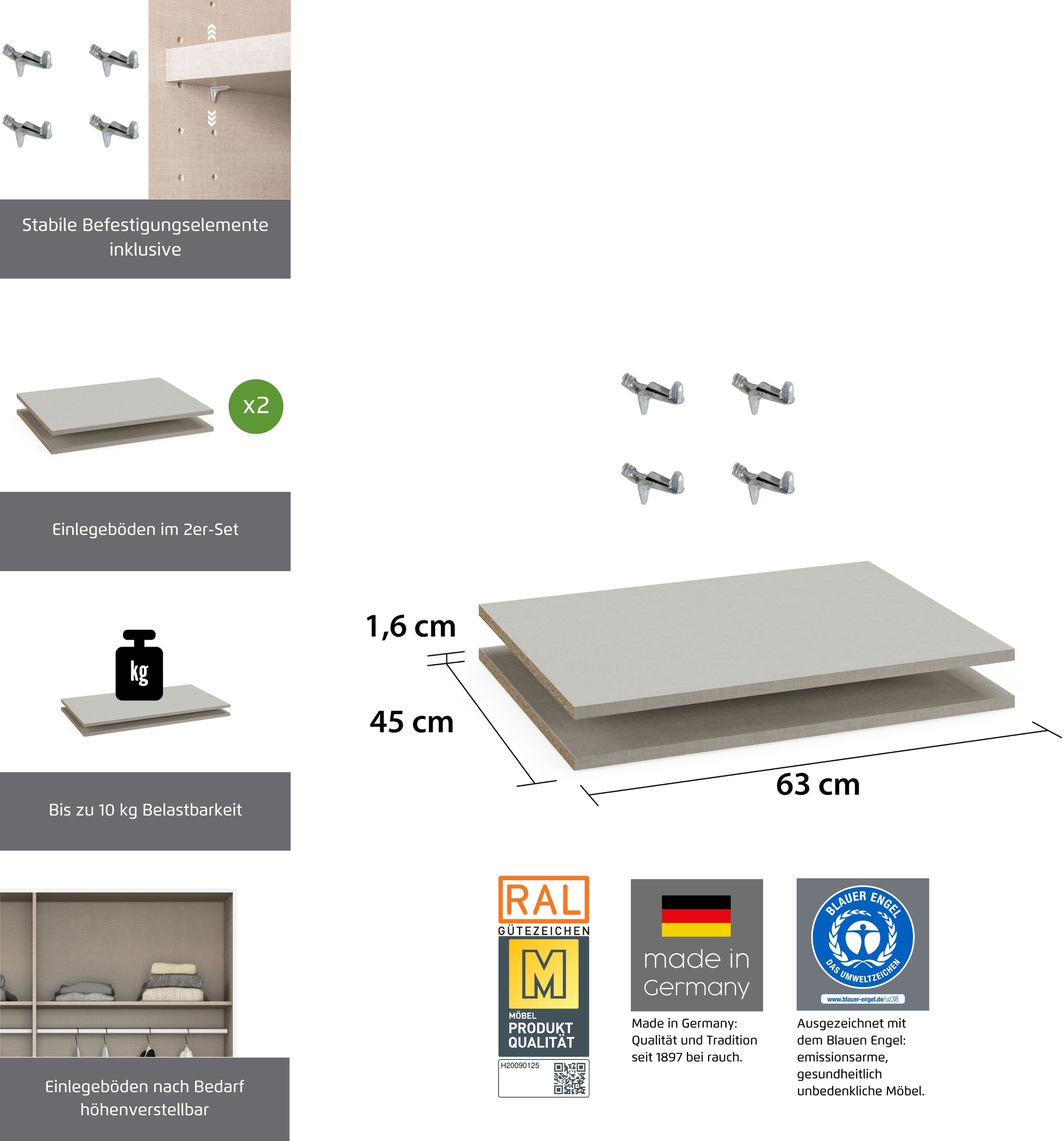 rauch Einlegeboden »Zubehör für Rauch-Schwebetürenschränke BLUE«, 2er-Set Breite 63 cm, Tiefe 45 cm