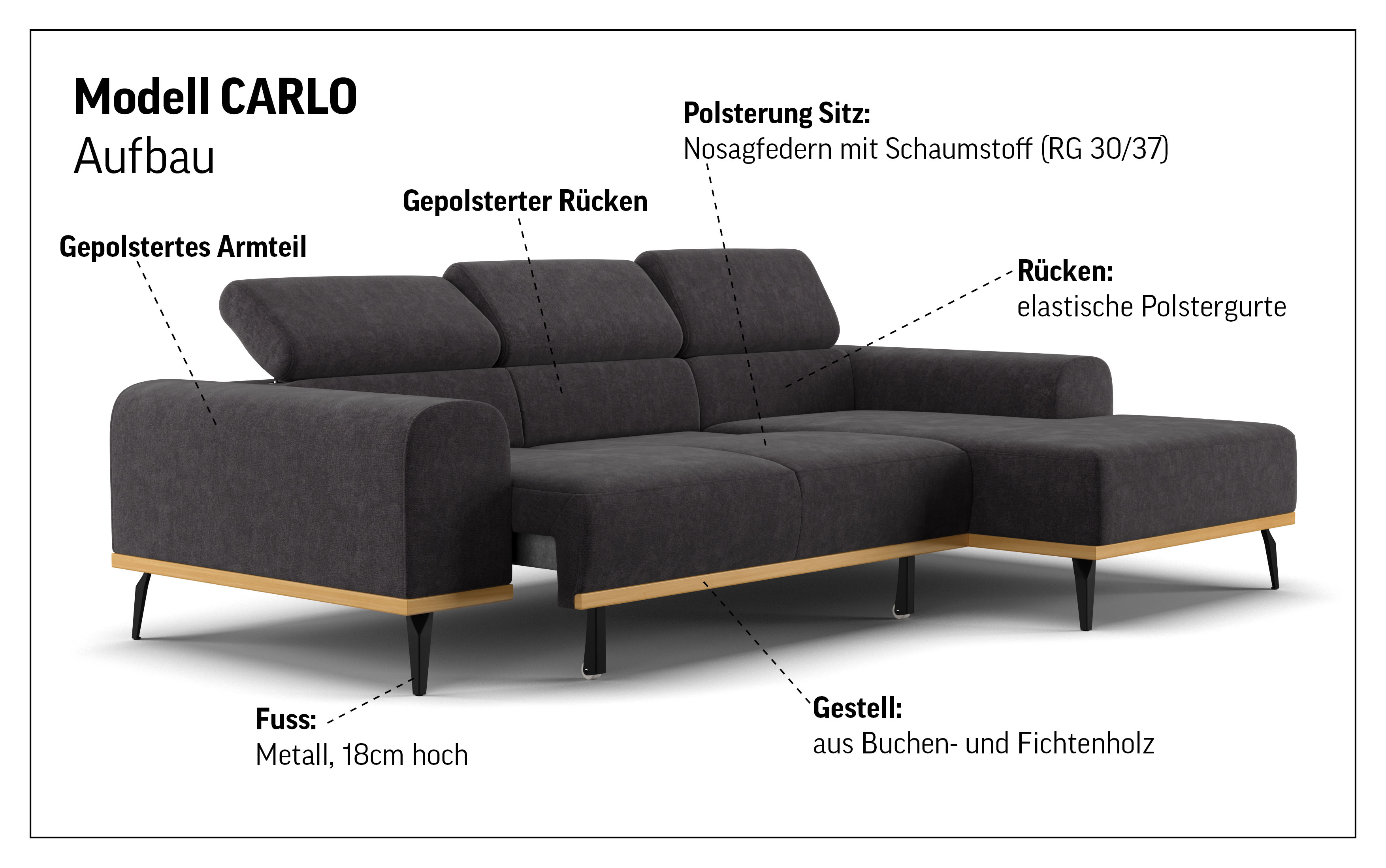 Thumbnail - PLACES OF STYLE Ecksofa "Carlo L-Form" mit Kopfteilverstellung & Holz-Rahmenoptik, wahlweise Relaxfunktion