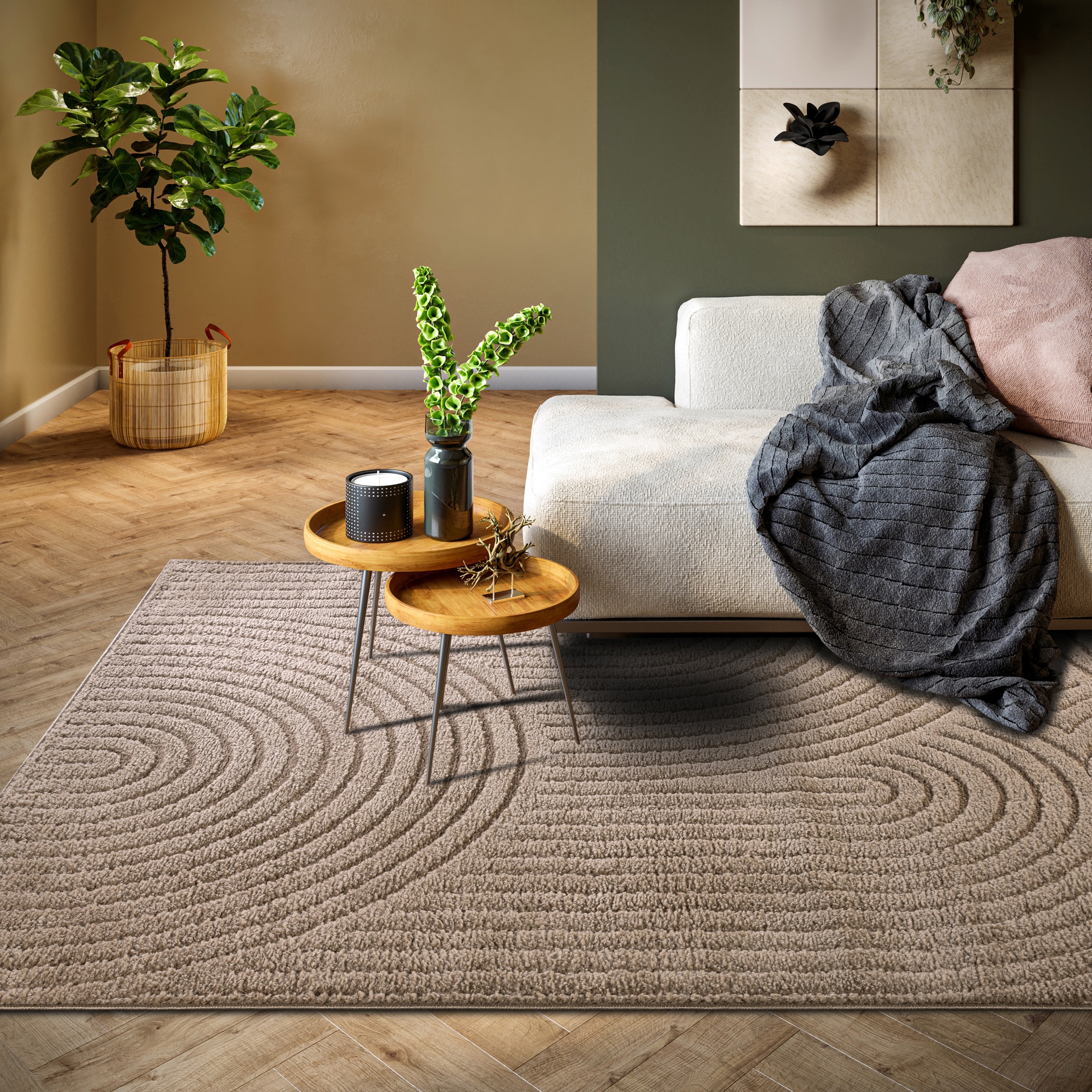ELLE DECORATION Designteppich »Cosy Panglao, auch als Rundteppich erhältlich«, rechteckig, 14 mm Höhe, uni Kurzflor, Hoch Tief Struktur, modern, Skandi, Boho, Wohnzimmer