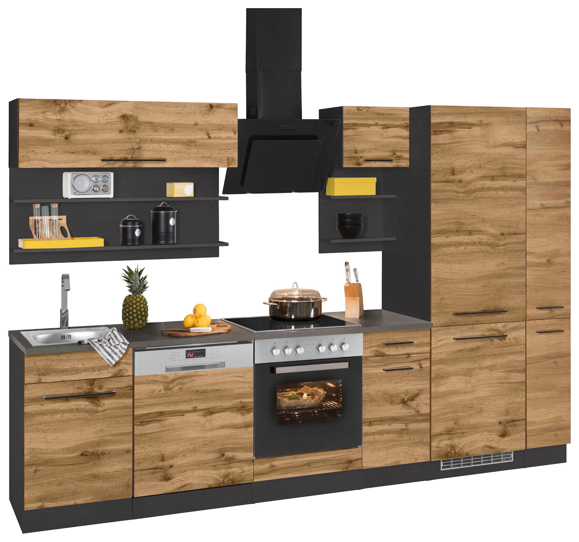 KOCHSTATION Küchenzeile »KS-Tulsa«, ohne E-Geräte, Breite 300 cm, schwarze Metallgriffe, MDF Fronten