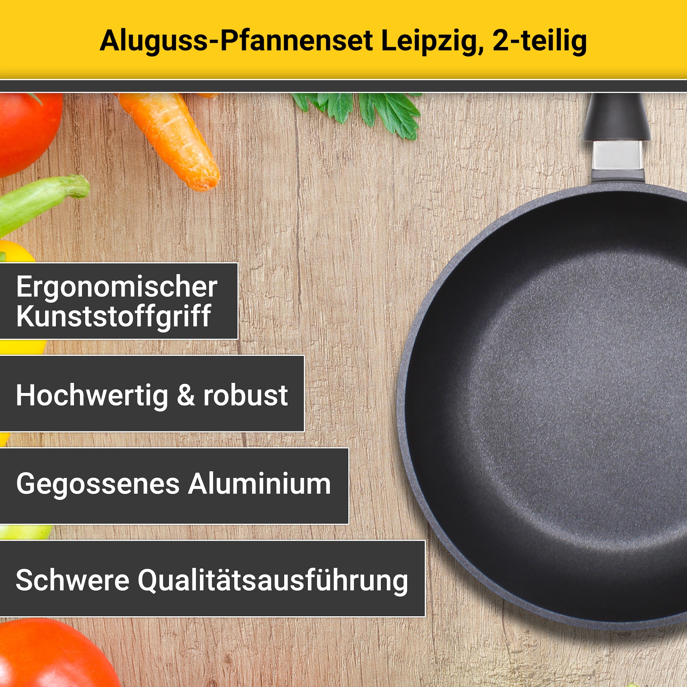 Krüger Pfannen-Set »Aluguss Pfannenset LEIPZIG, 2 tlg.«, Aluminiumguss, (Set, 2 tlg., 1x Eckpfanne 28x28 cm (H. 4,5 cm), 1x Bratpfanne Ø 24 cm (H. 6,5 cm), hochwertige Antihaft-Versiegelung