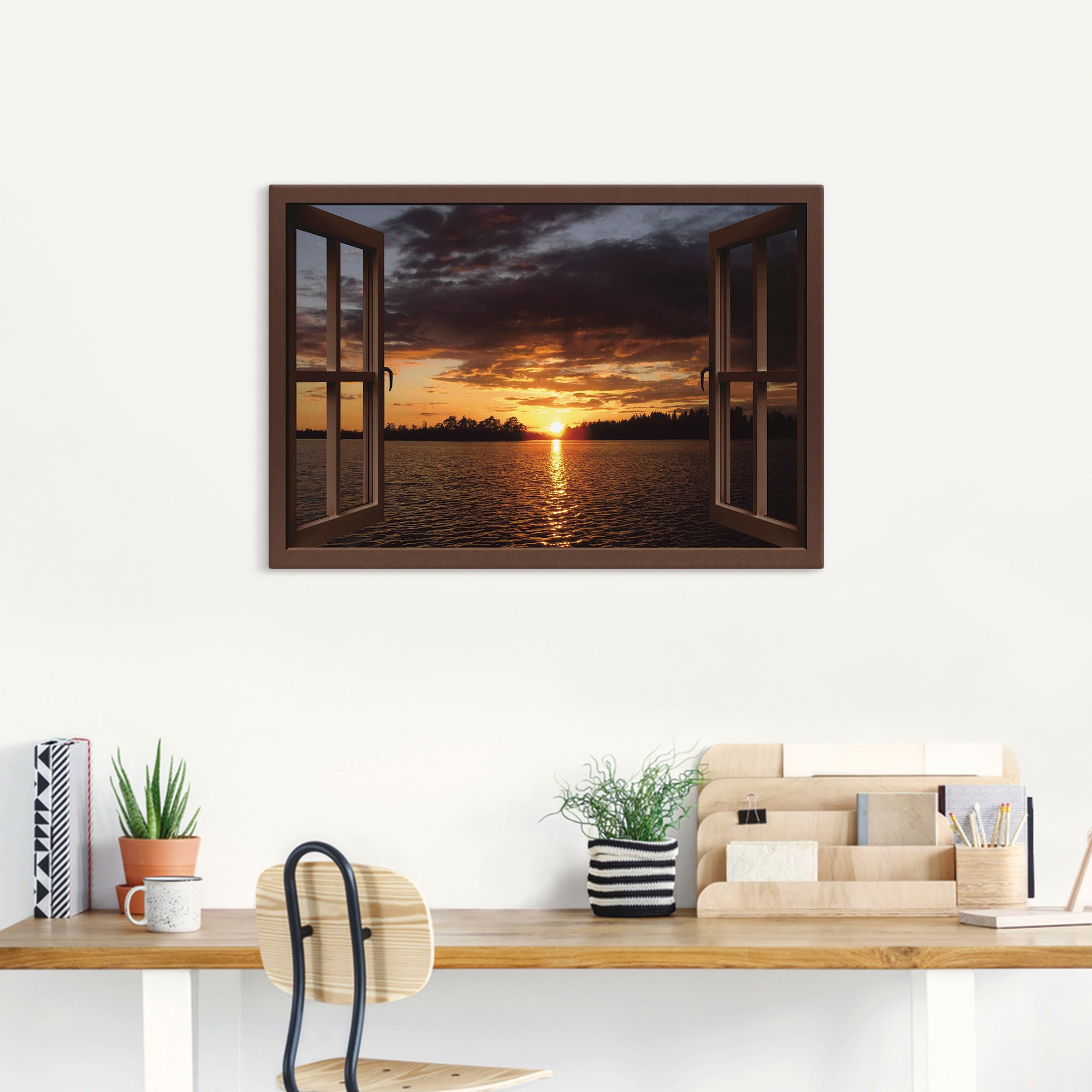 Artland Leinwandbild "Sonnenuntergang am See, braunes Fenster" Seebilder 1 günstig online kaufen