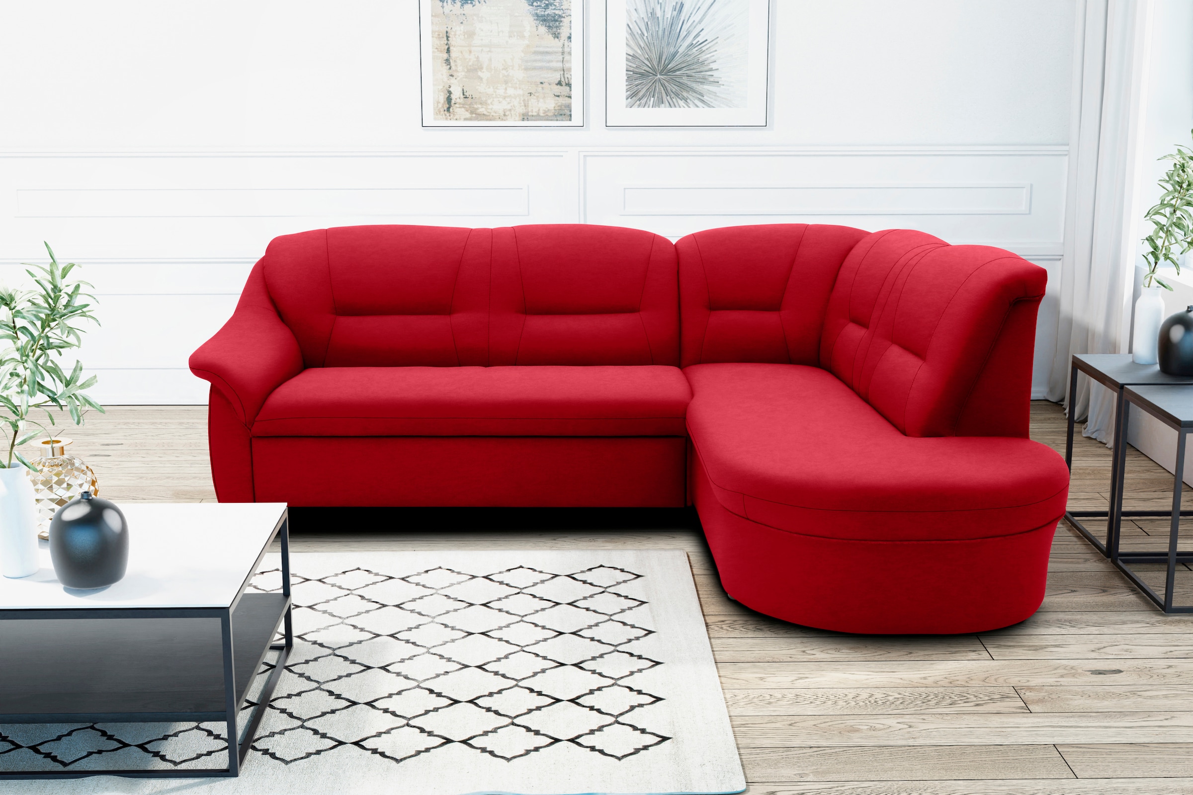 DOMO collection Ecksofa »Faenza für kleine Räume, Stellmaße 232,176cm, komfortabel, L-Form«, mit Ottomane, zeitlos, elegante Armlehnen, wahlweise mit Bettfunktion