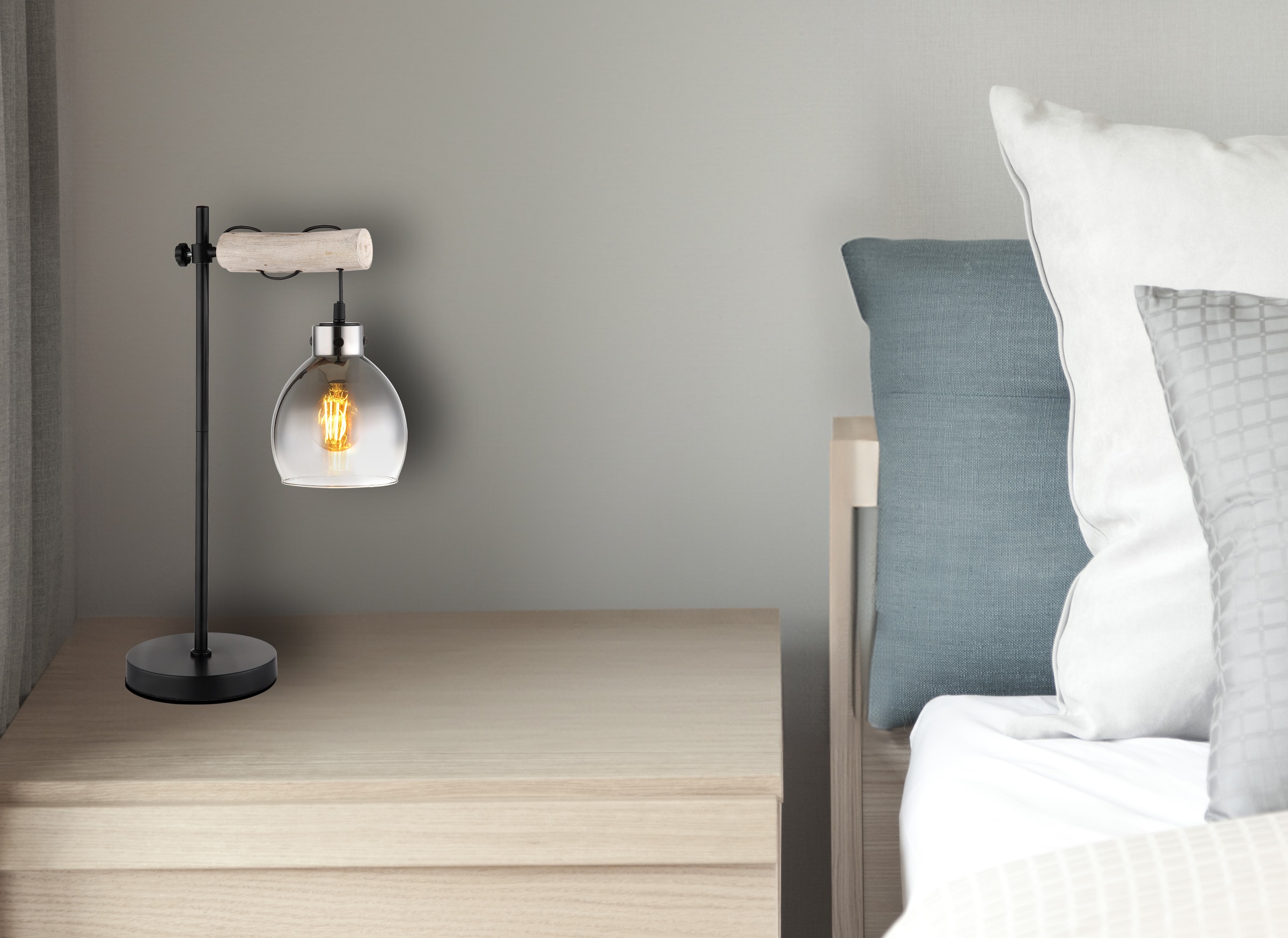 GLOBO LIGHTING Tischleuchte »RYAN«, Leuchtmittel E27 | ohne Leuchtmittel, Tischlampe/Holz/Glas rauchfarben/Wohnzimmer/Schlafzimmer