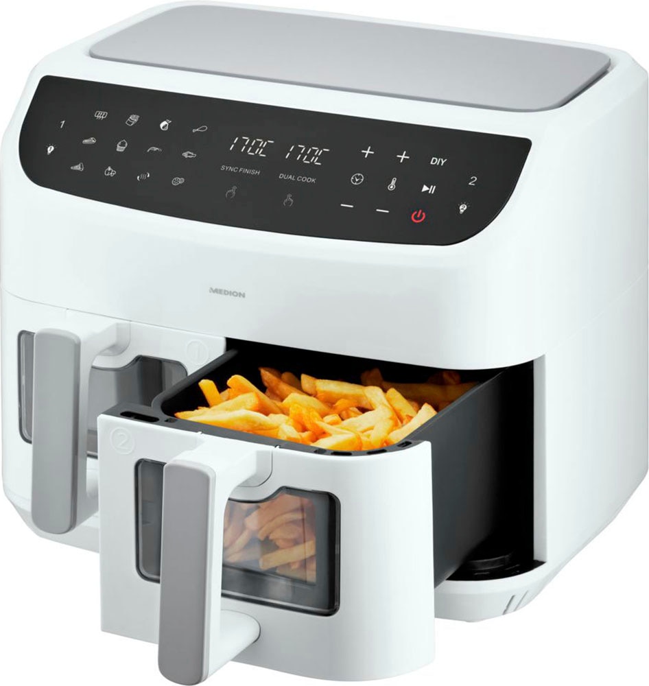 Medion Heißluftfritteuse "MD11760 P20 XXL, 2 separat gesteuerte Garkammern, Touch Display", 2400 W, 9 Automatikprogramme