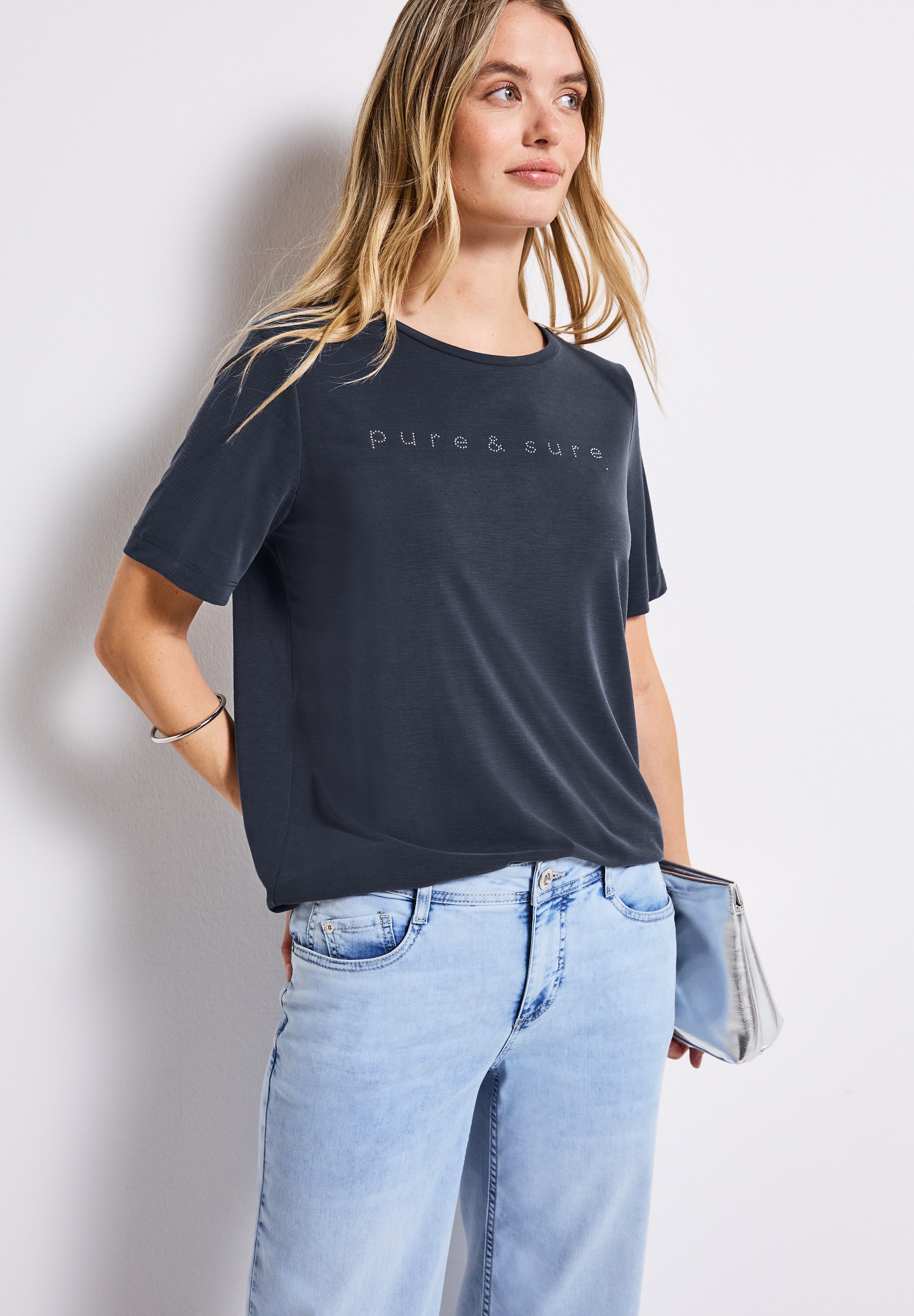 STREET ONE T-Shirt, mit Wording und Schmucksteinen günstig online kaufen