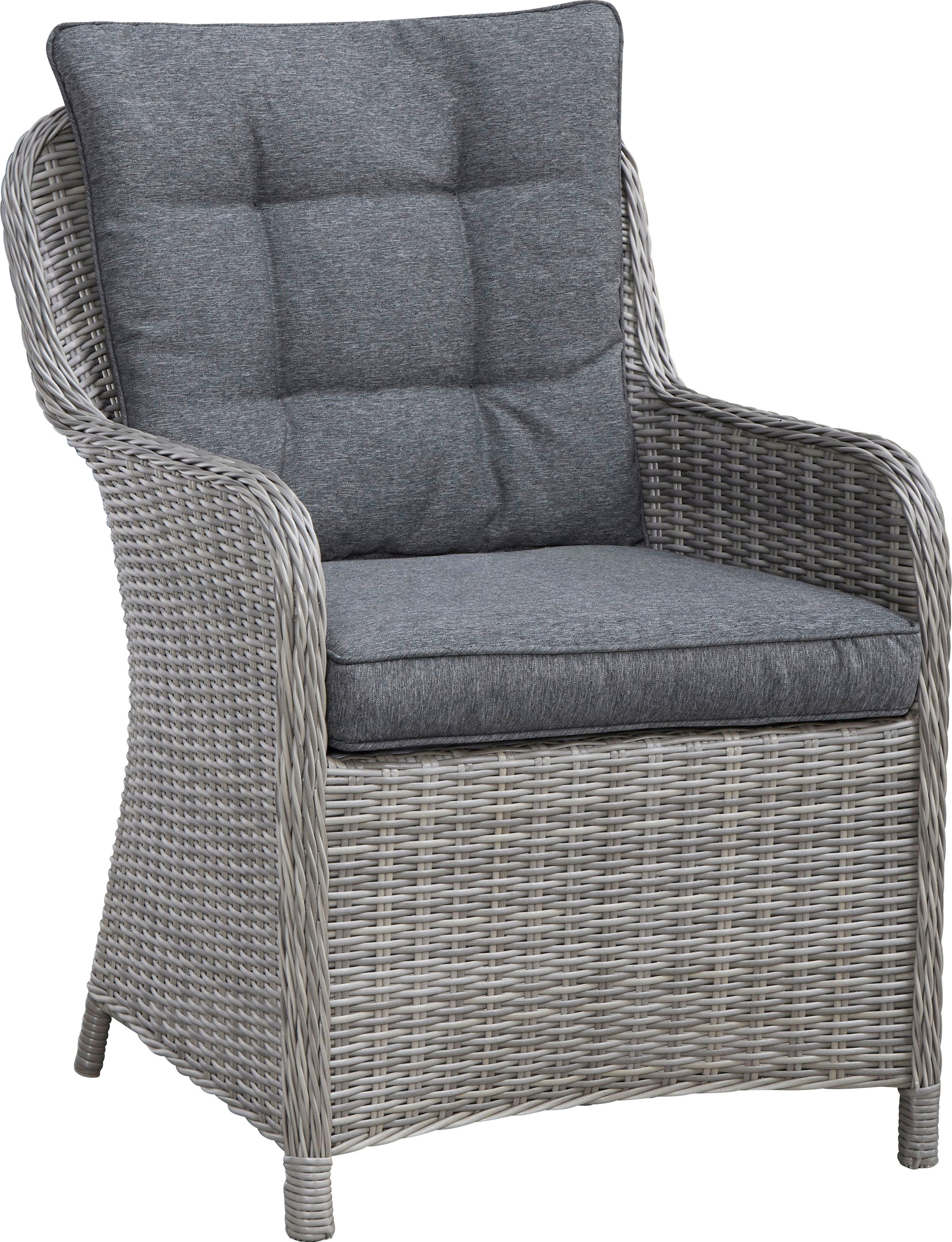 KONIFERA Garten-Essgruppe »Menorca«, (Set, 13 tlg., 4x Sessel, 1x Tisch ØxH: 120x75cm, inkl. Auflagen), Polyrattan, Aluminium, Tischplatte aus 5mm starkem Sicherheitsglas