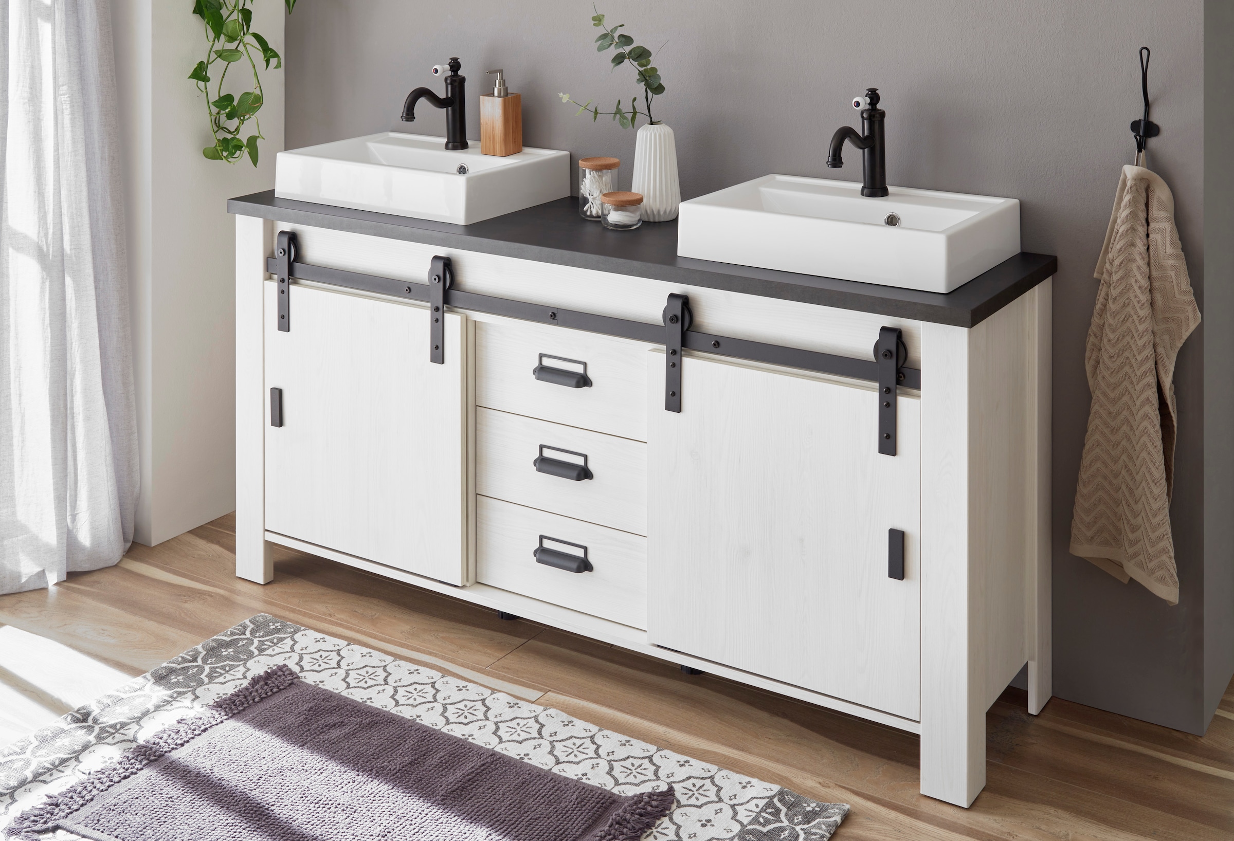 Home affaire Waschtisch »SHERWOOD«, Holz, Scheunentorbeschlag und Apothekergriffe aus Metall, Höhe 91 cm