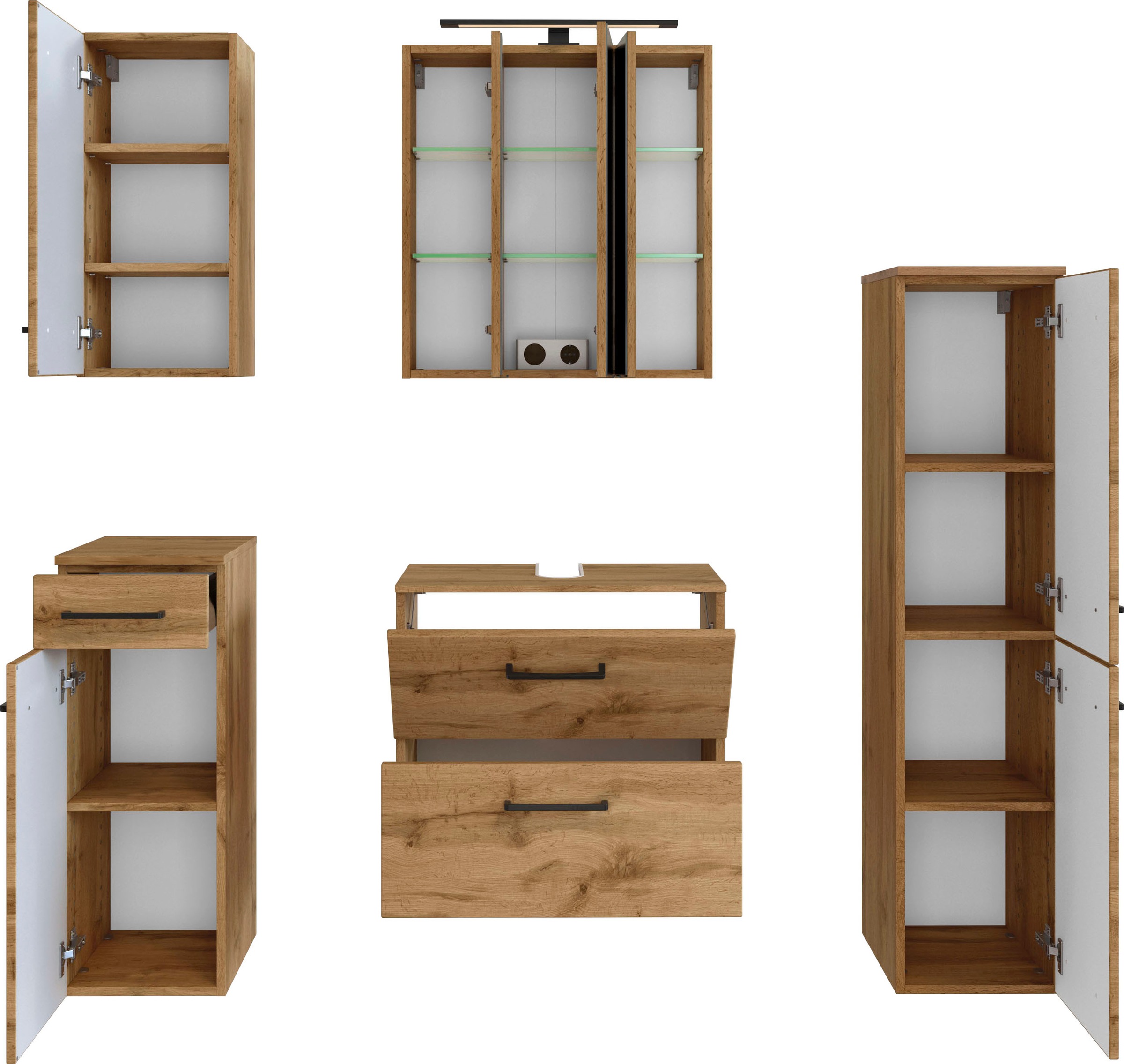 welltime Badmöbel-Set »Chicago«, (5 St., Spiegelschrank, Unterbeckenschrank, Hängeschrank, Unterschrank etc.)