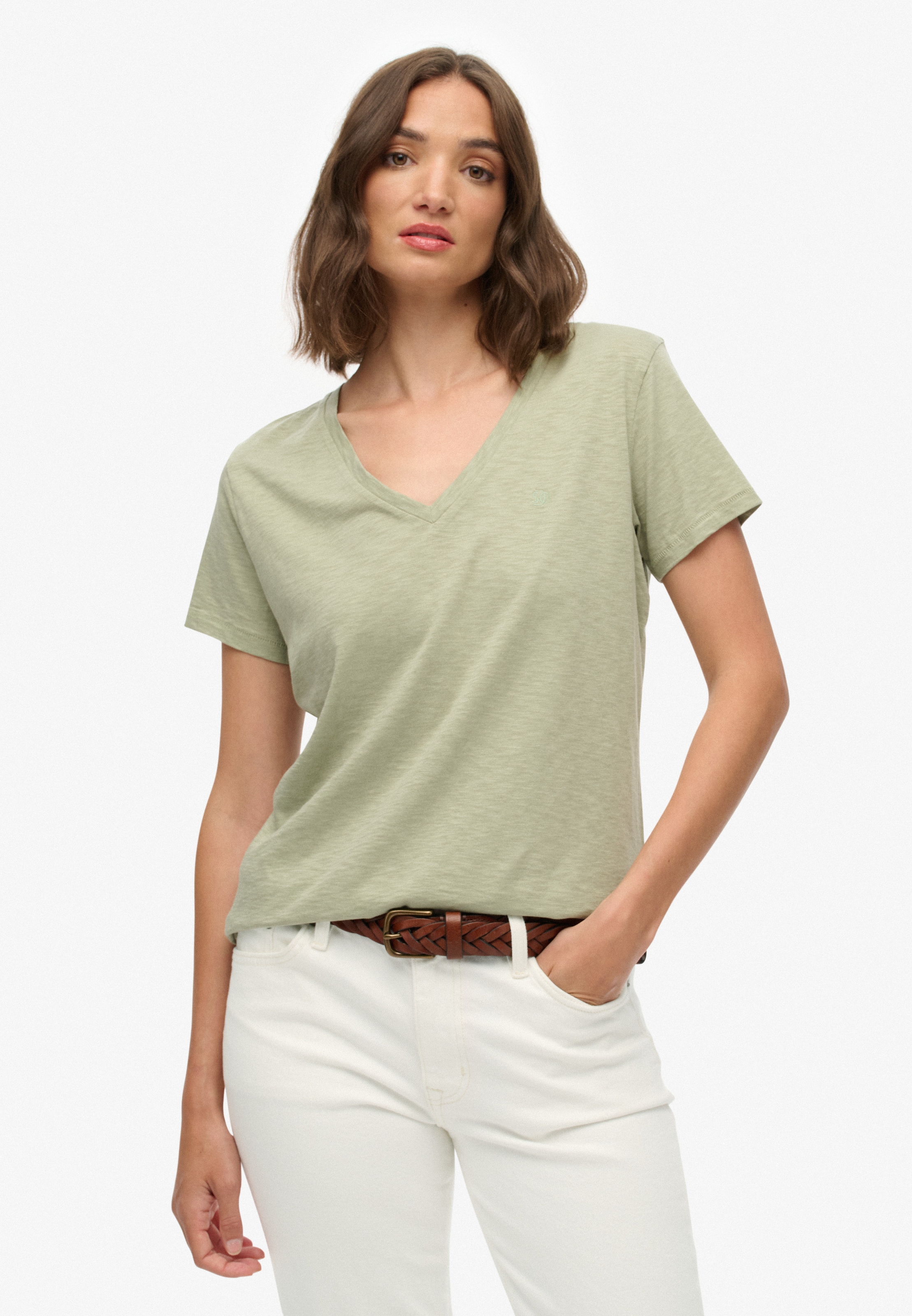 Superdry T-shirt à Manches Courtes Studios Slub Emb Vee Dusty Sage 2XL Femme
